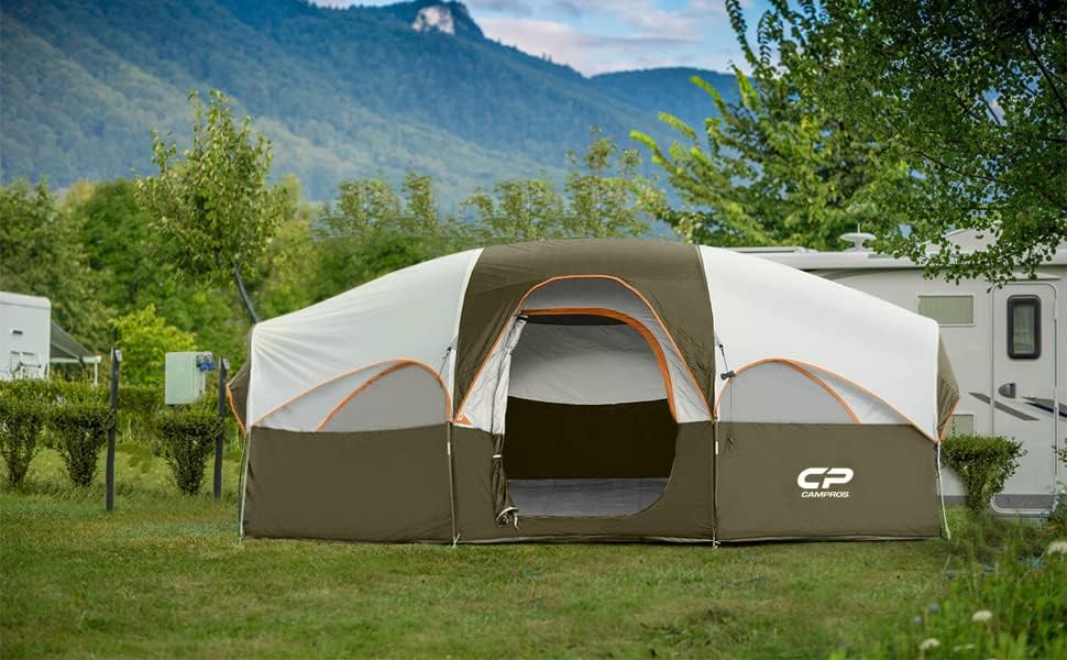 CAMPROS CP Tent 8 Person Camping Tents, Weather Resistant Family Tent, 5 Large Mesh Windows, Double Layer, Divided Curtain for Separated Room, Portable with Carry Bag
