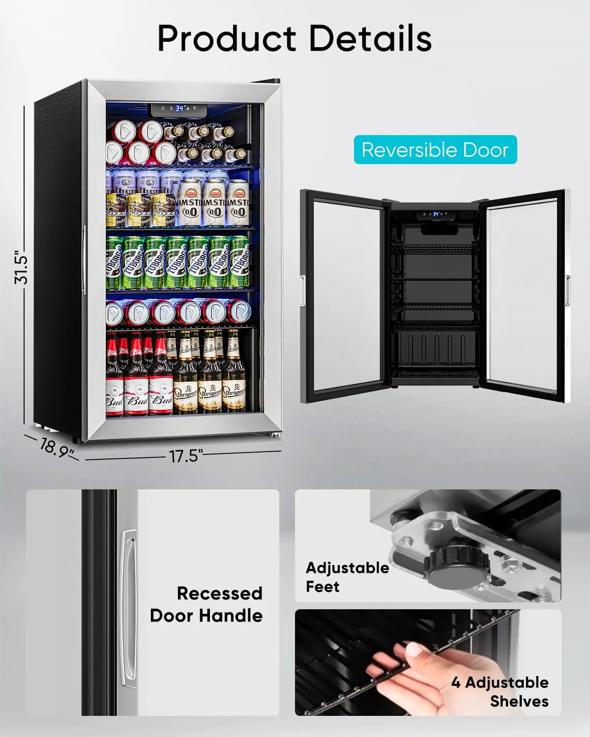 Beverage Refrigerator Cooler - 126 Can Mini Fridge Glass Door for Drinks Soda Beer Wine - Small Refrigerator for Office Bedroom Home Bar, 4 Adjustable Shelves, 3.2 Cu.Ft, Silver