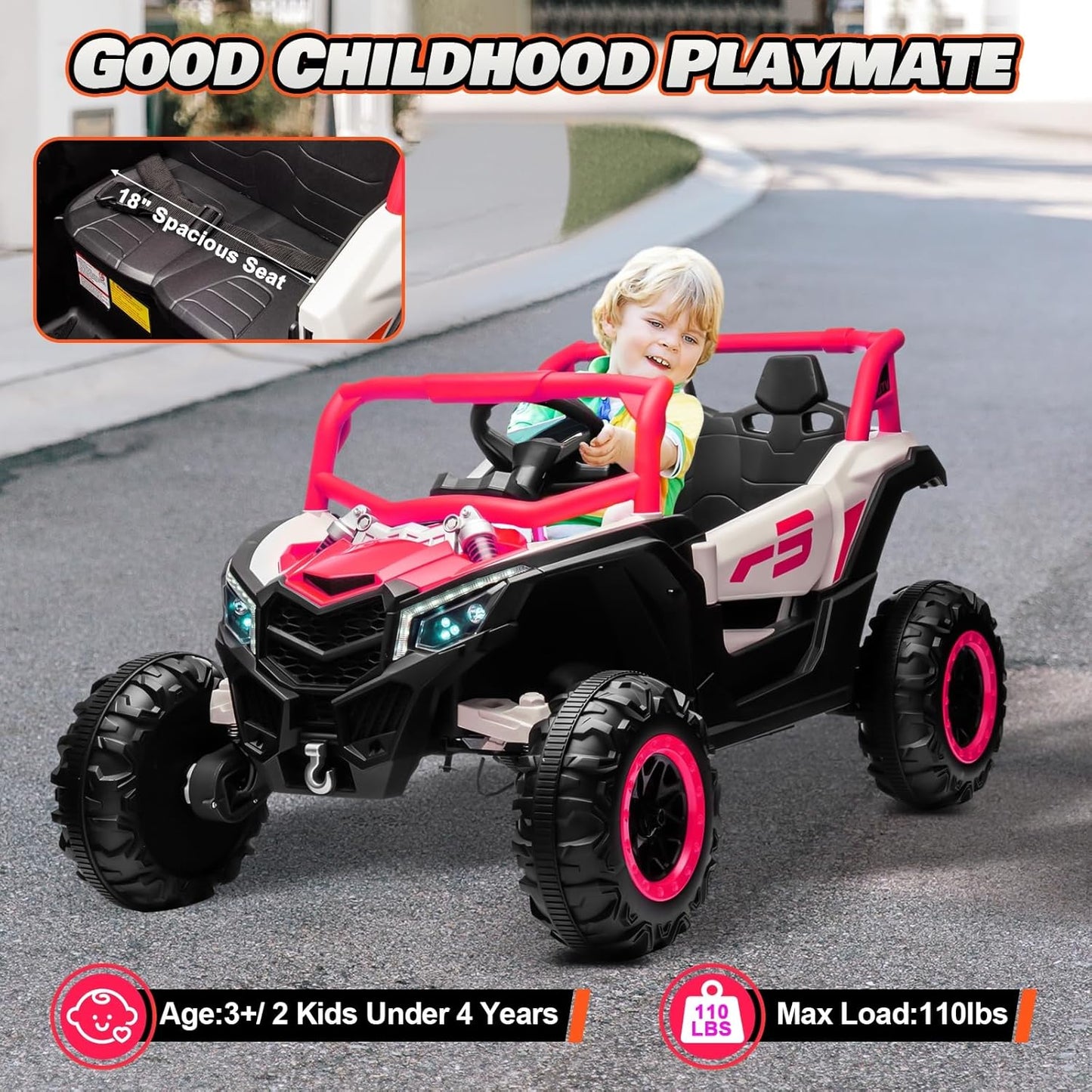 JOYRACER Kids Remote Control Car with 4 x 150W Motors, Shock Absorbers, Bluetooth, MP3 Player, and Headlights