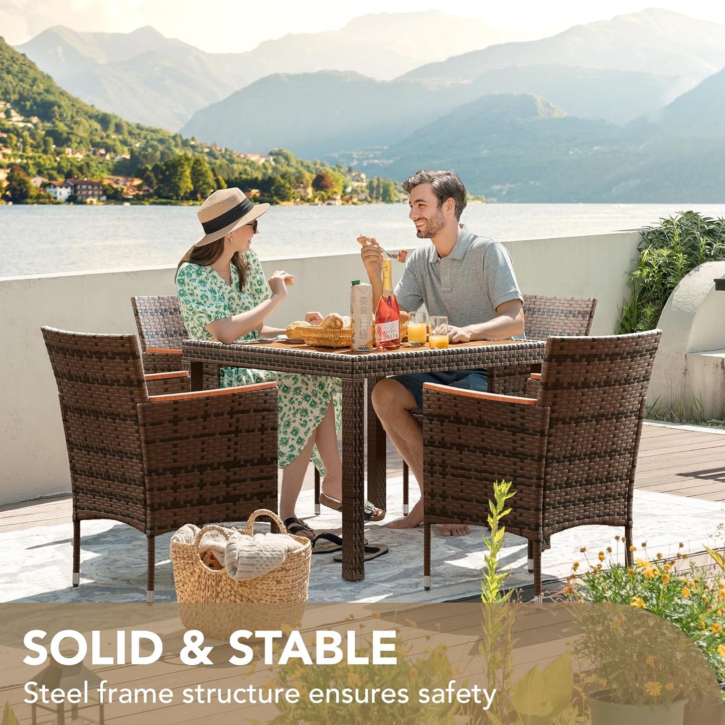 Devoko Dining 7 PCS Furniture, Patio Conversation Set with Acacia Wood Table Top, Rattan Outdoor, Black