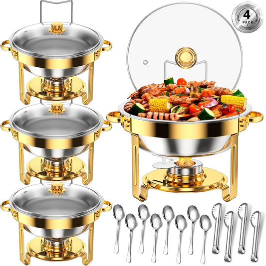 Round Chafing Dishes for Buffet 4 Pack 5 Qt, High Grade Chafing Dish Buffet Set with 12 PCS Serving Utensils,Full Size Pan,Food Warmers for Parties,Buffet,Wedding, Birthday,Camping [Gold]