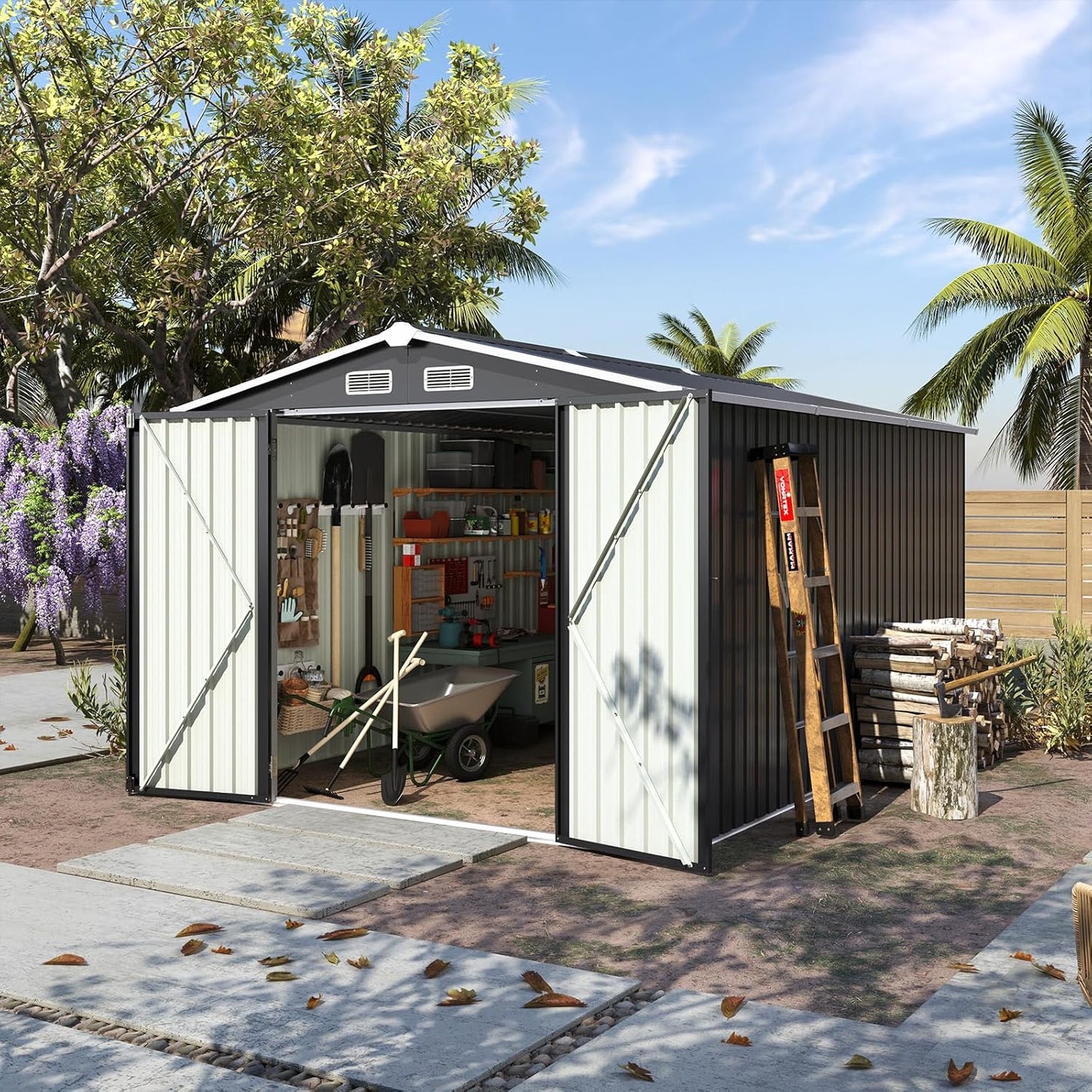 Aoxun 12x10 FT Shed Metal Outdoor Waterproof Storage Shed Steel Utility Garden Tool Shed with Door & Lock Outdoor Storage for Garden Patio Lawn Poolside, Brown