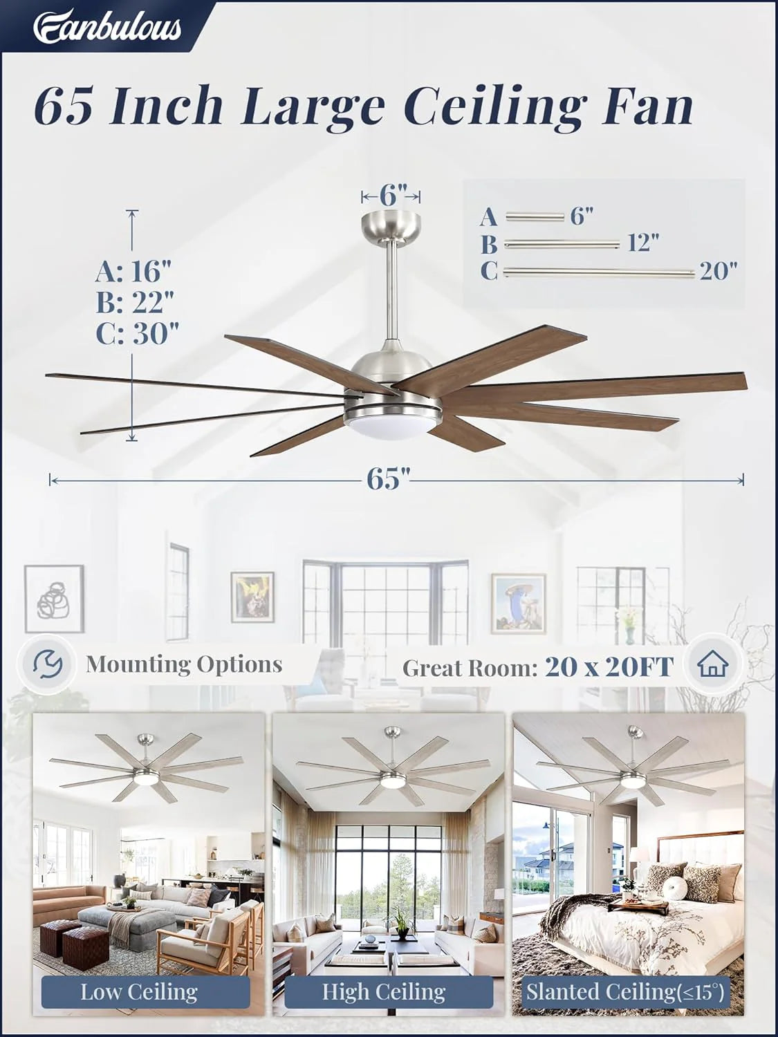 Ceiling Fan Indoor/Outdoor 8 Blades 65 inches