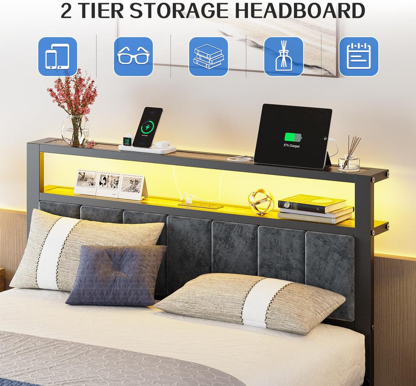 Queen Size Bed Frame with 2-Tier Storage Shelves Headboard, Platform Bed with Charging Station, LED Lights No Box Spring Needed Noise Free
