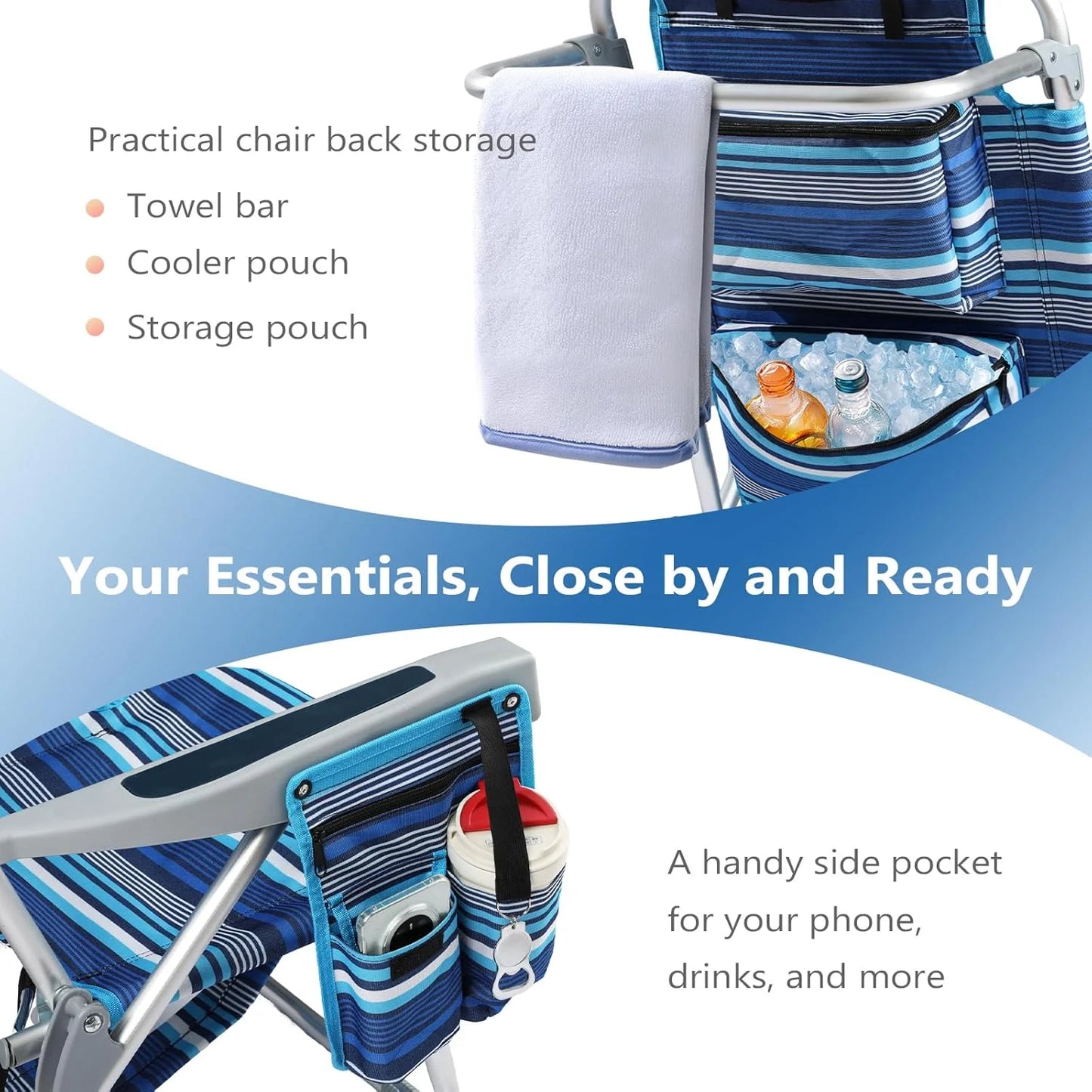 5-Position Aluminum Lay Flat Tall Backpack Beach Chairs 2 Pack Compact Portable Beach Chairs for Adults with Cooler Pouch, Storage Pouch, Towel Bar, Cup Holder & Phone Holder, Blue Stripe