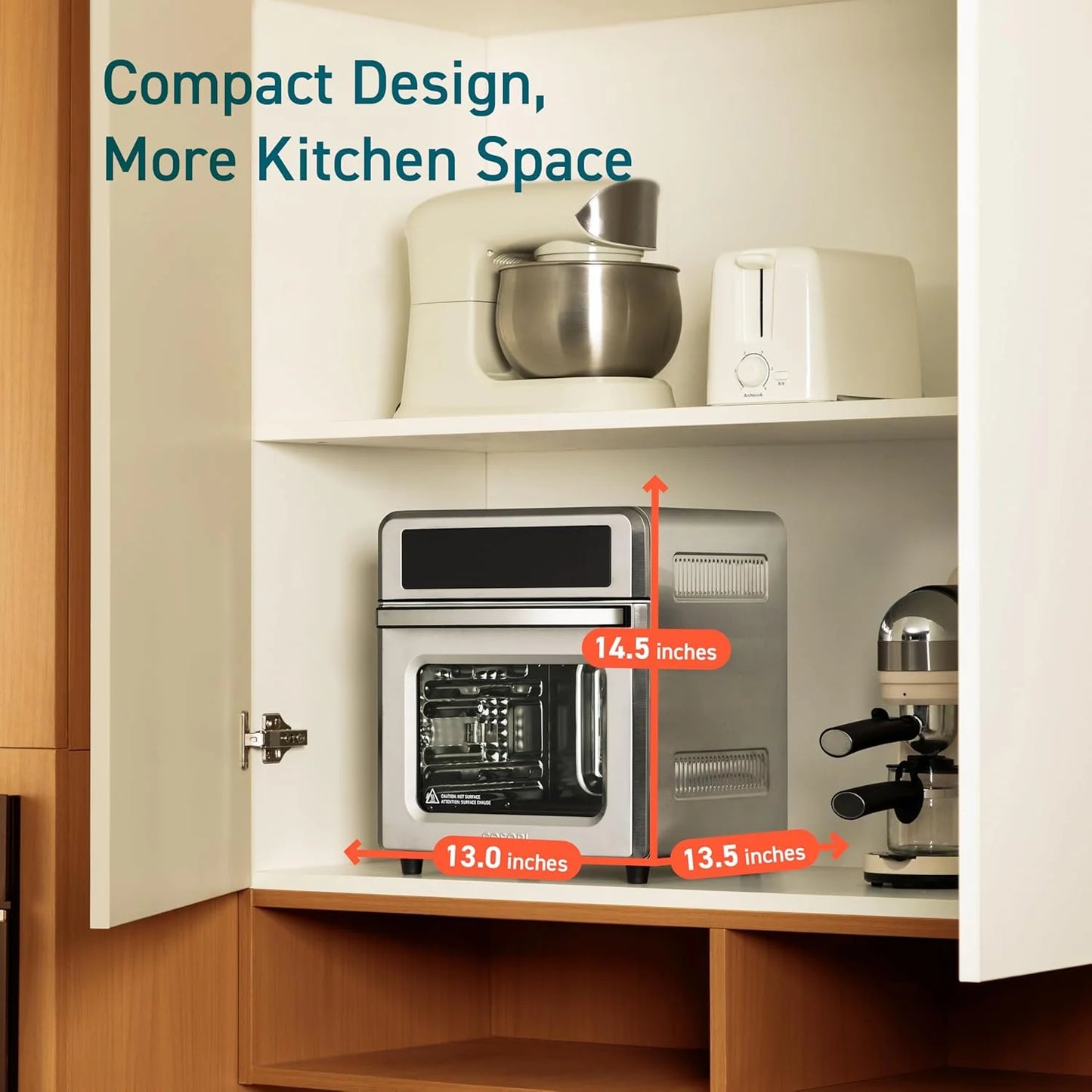 COSORI 11-in-1 air fryer, 13-quart capacity, combines grilling, toasting, baking, and reheating. Includes recipes and 6 accessories.