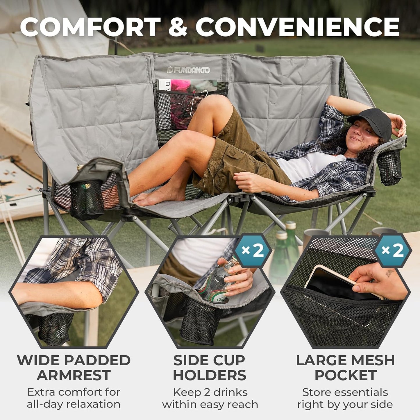 Double Camping Chair with Cooler 3-Person Folding Extra Large Camping Chair with 1000-Pound Load Capacity