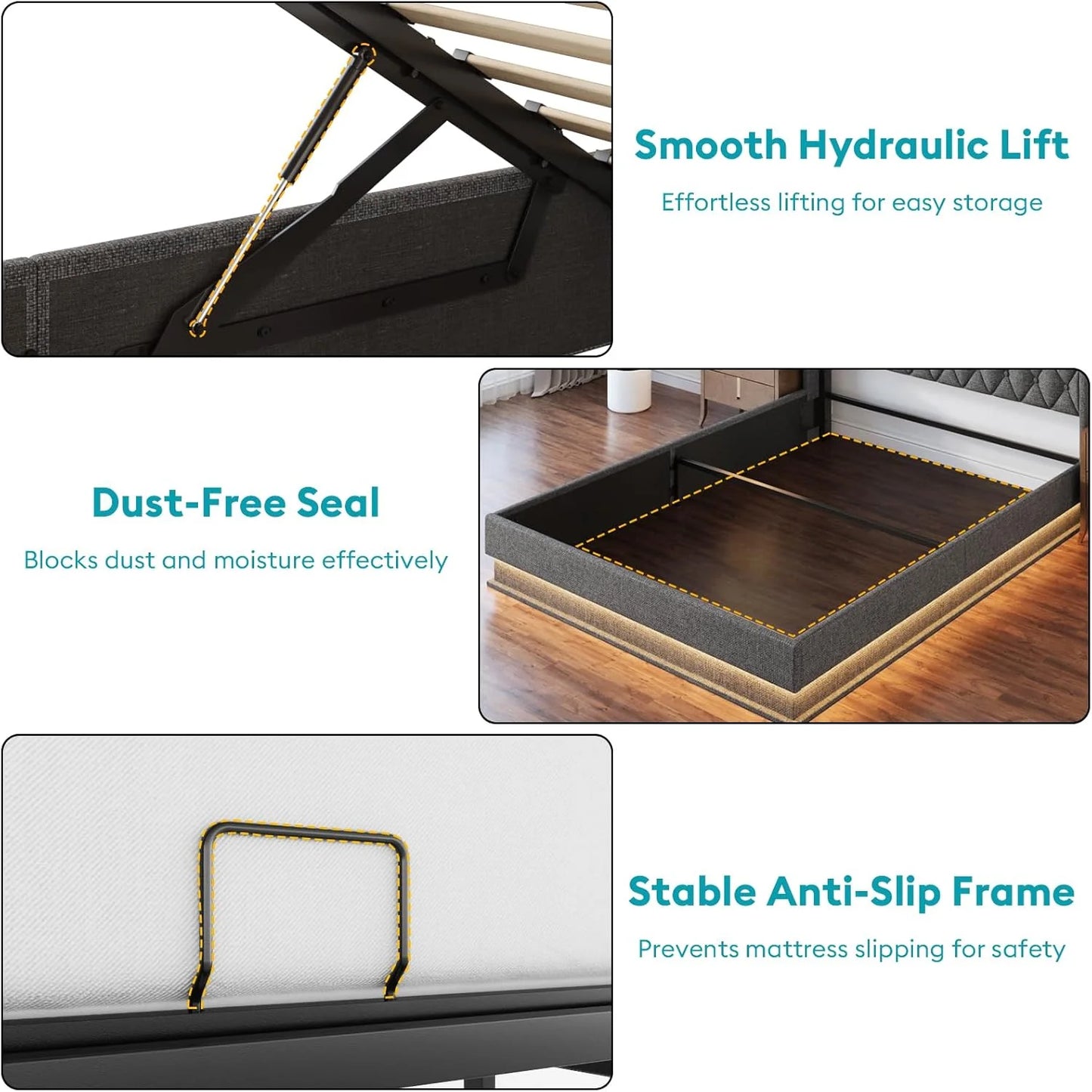 Queen Bed Frame with Storage - Lift Up Queen Size Bed Frame with Headboard, Upholstered Platform Bed with LED Lights & Charging Station, Hydraulic No Box Spring Needed Wood Slats Support, Beige