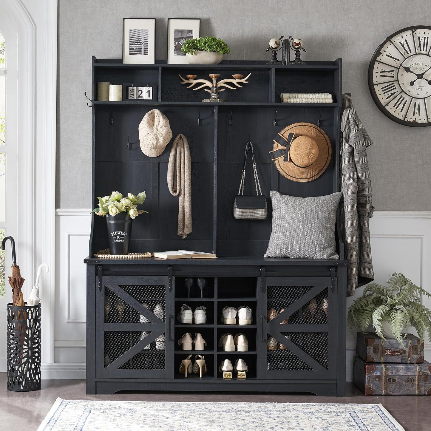 JXQTLINGMU 59-inch Farmhouse Foyer Tree with Shoe Storage, Entryway Bench Foyer Coat Rack Cabinet