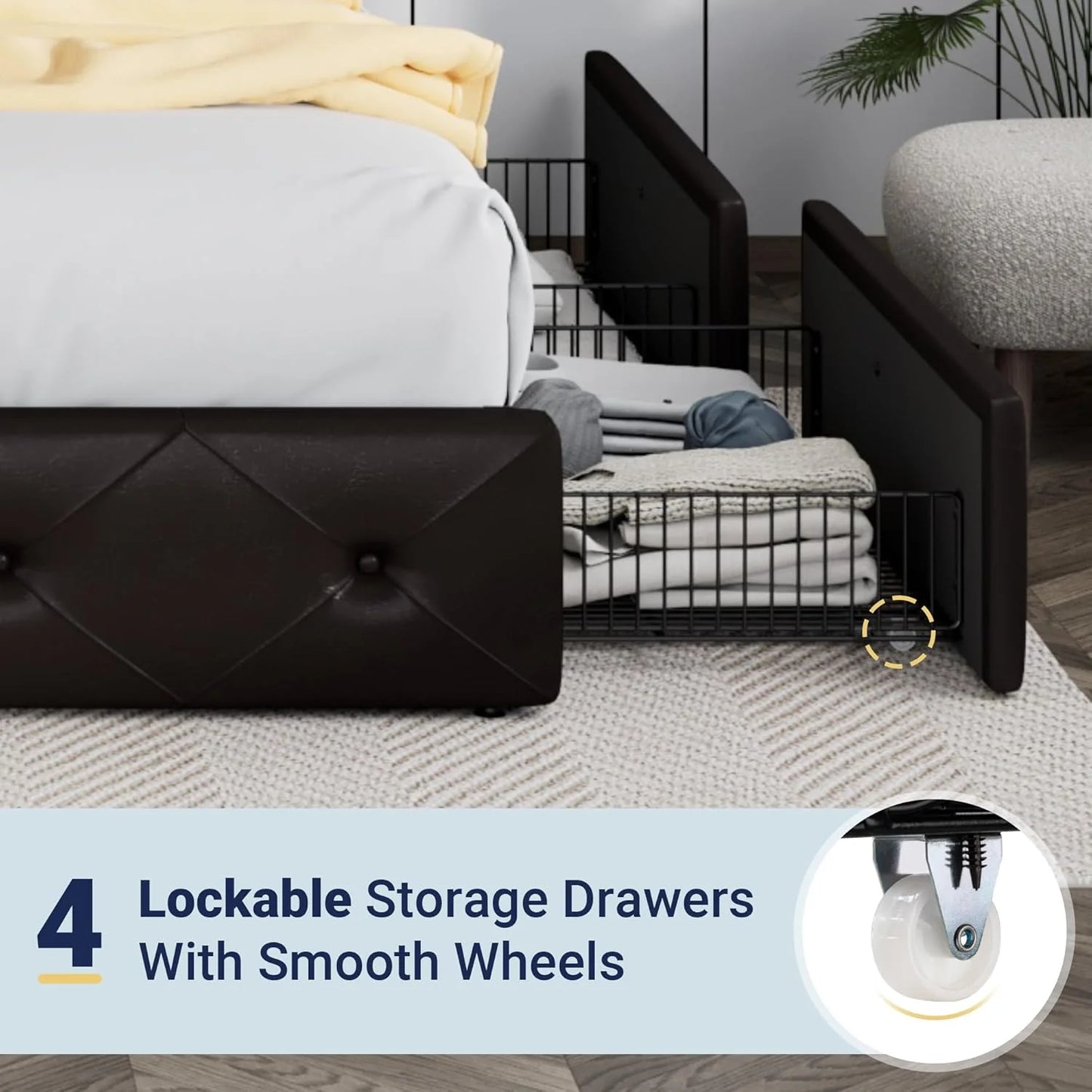 Allewie Upholstered Queen Size Platform Bed Frame with 4 Storage Drawers and Headboard, Square Stitched Button Tufted, Mattress Foundation with Wooden Slats Support, No Box Spring Needed