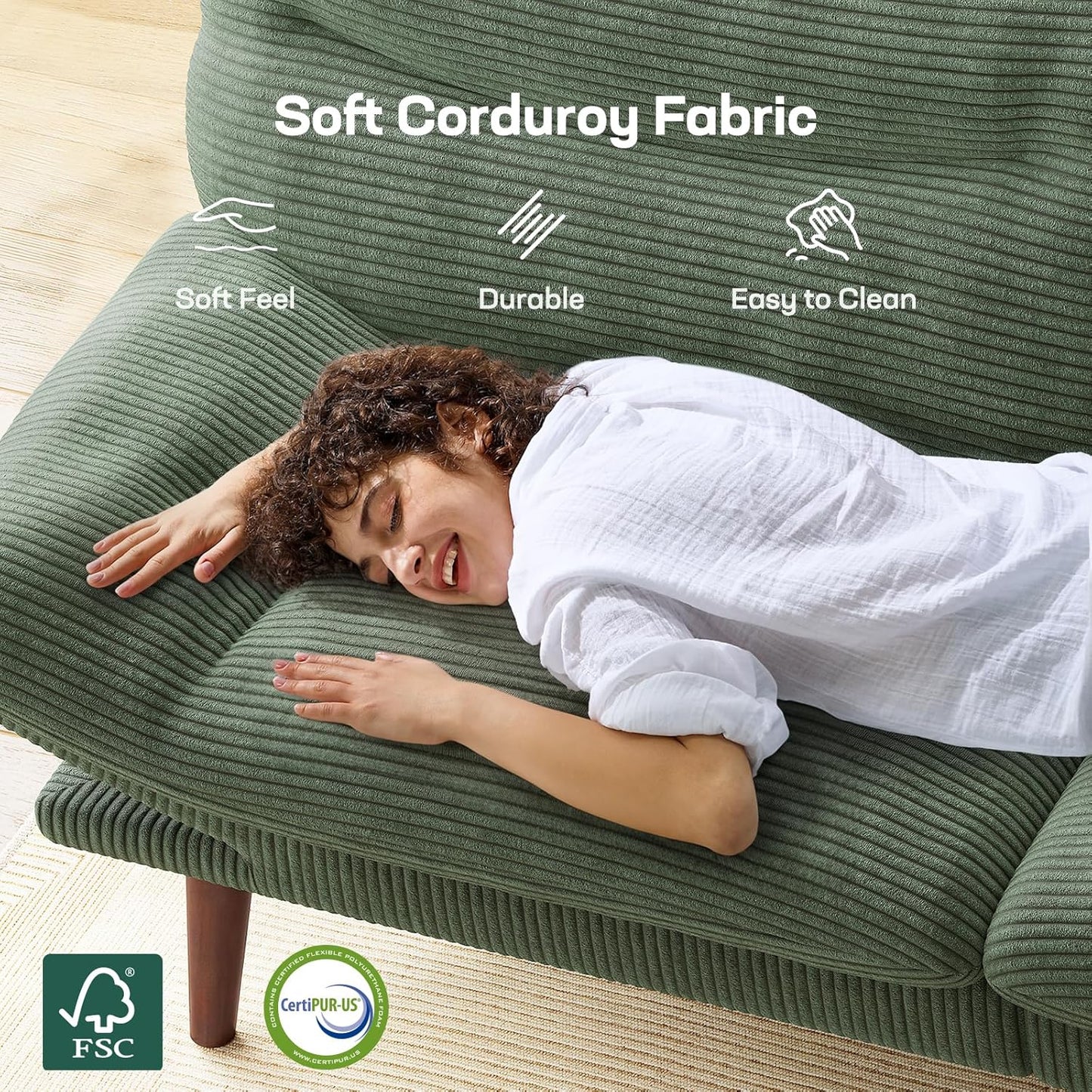 Futon Sofa Bed, Futon Sofa with Adjustable Back and Armrests, Converts to Small Sleeper Sofa Bed Corduroy Loveseat Green