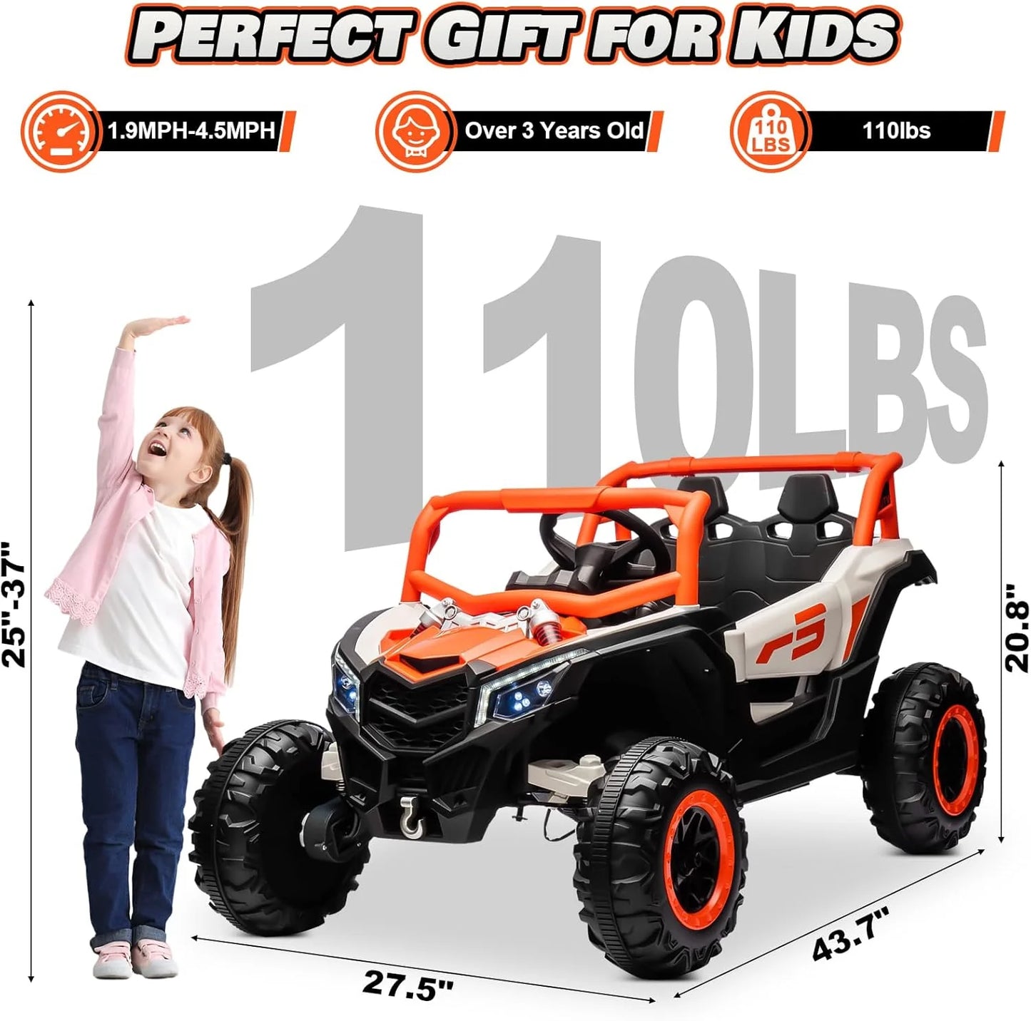 JOYRACER Kids Remote Control Car with 4 x 150W Motors, Shock Absorbers, Bluetooth, MP3 Player, and Headlights