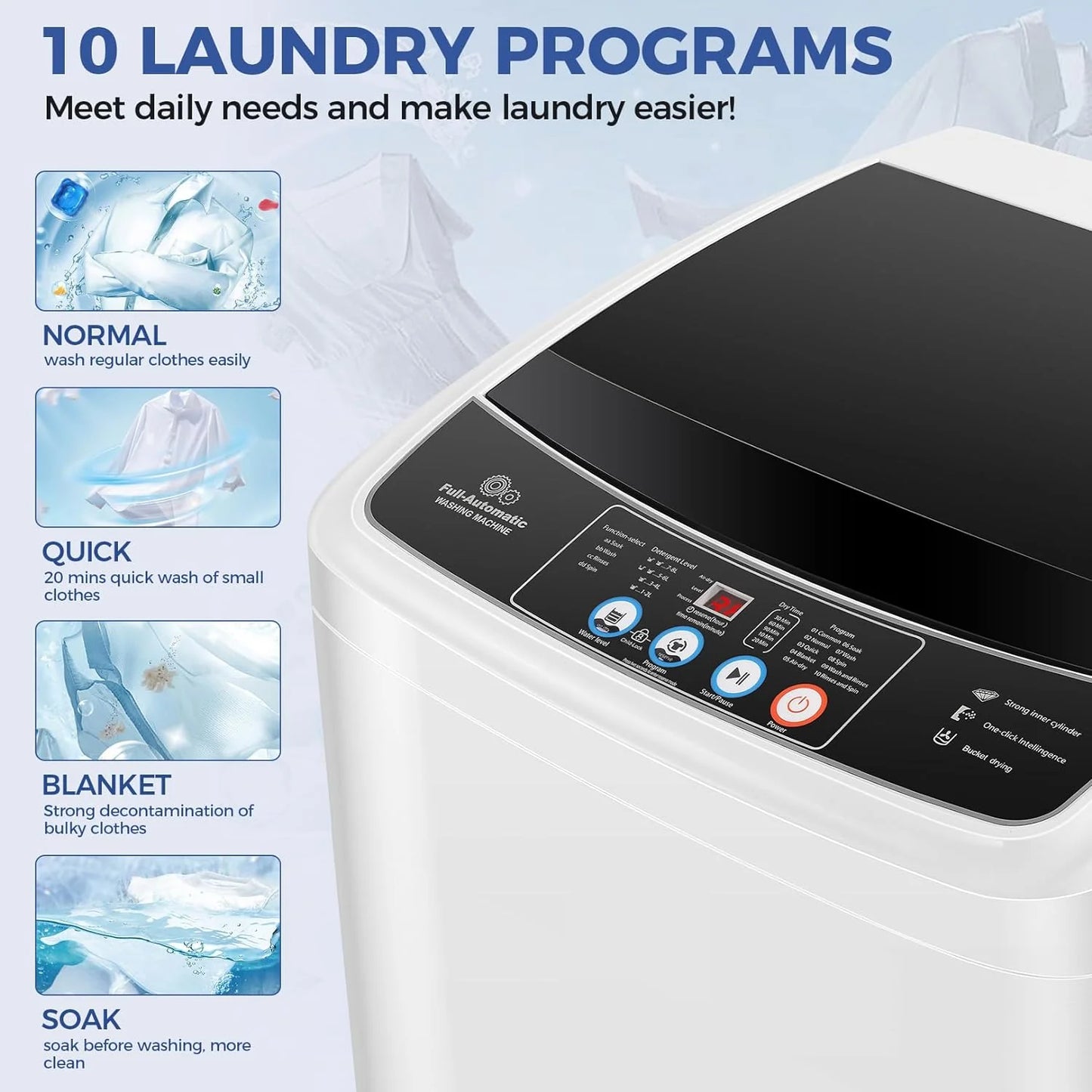 20Lbs Portable Washing Machine Nictemaw Portable Washer, 2.8 Cu.ft Washer and Dryer Combo with Drain Pump, 10 Programs 8 Water Level Compact Laundry Washer for Home, Apartment, RV, Dorms