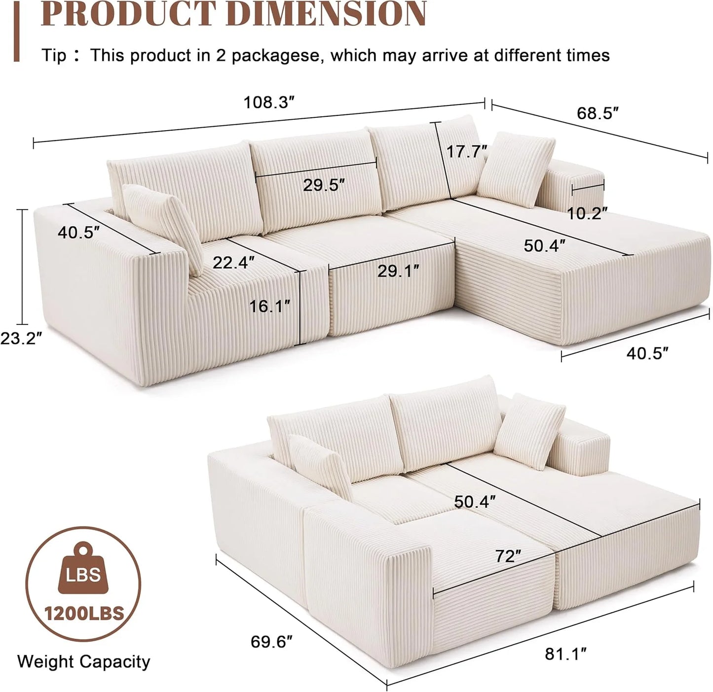 108 inch sectional sofa, cloud sectional sofa with deep seat, modern sectional L shaped sofa