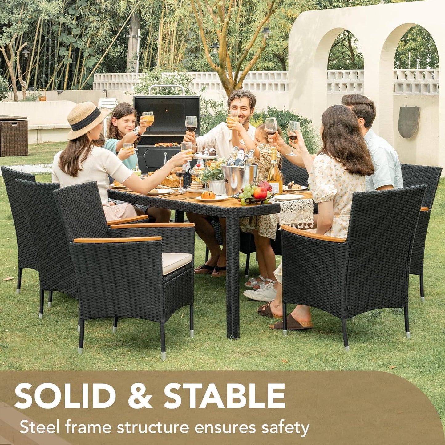 Devoko Dining 7 PCS Furniture, Patio Conversation Set with Acacia Wood Table Top, Rattan Outdoor, Black