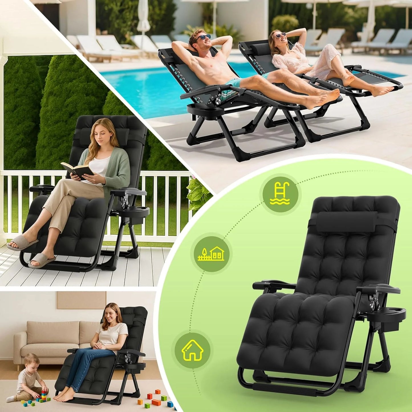 Indoor and outdoor patio chair folding lounge chair zero gravity chair with removable cushion camping lounge chair