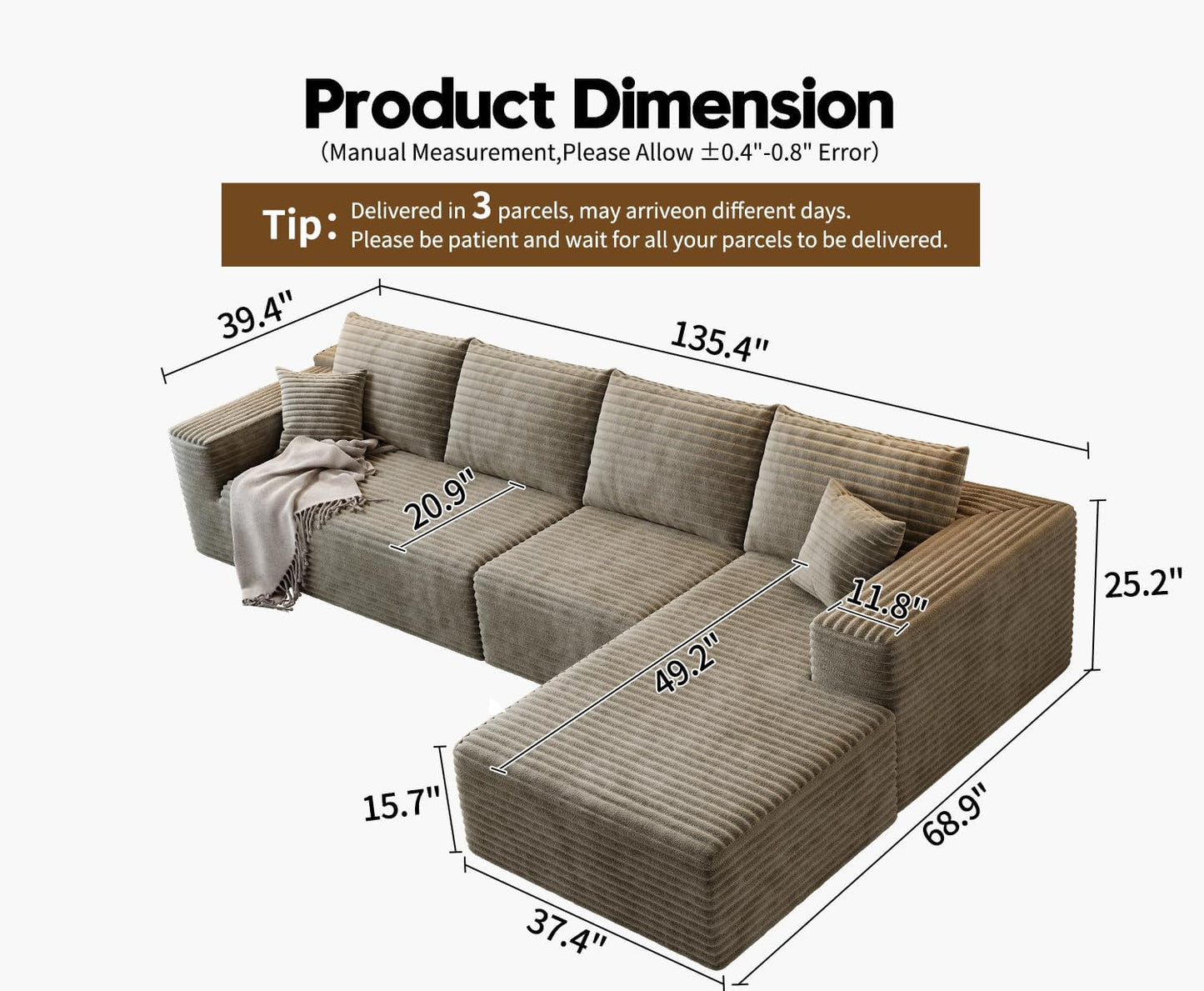 107.5" Cloud Modular Sectional Sofa Couch with L-Shape Chaise,Modern Minimalist Upholstered Couches