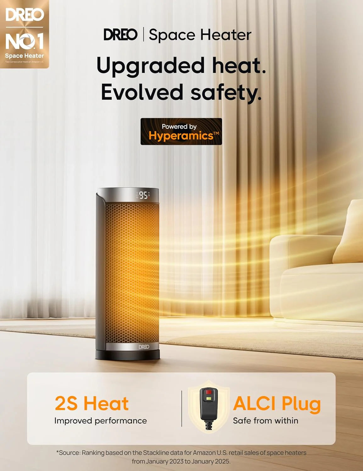 Space Heater, 1500W Electric Indoor Heater with Thermostat Quiet Portable Heater