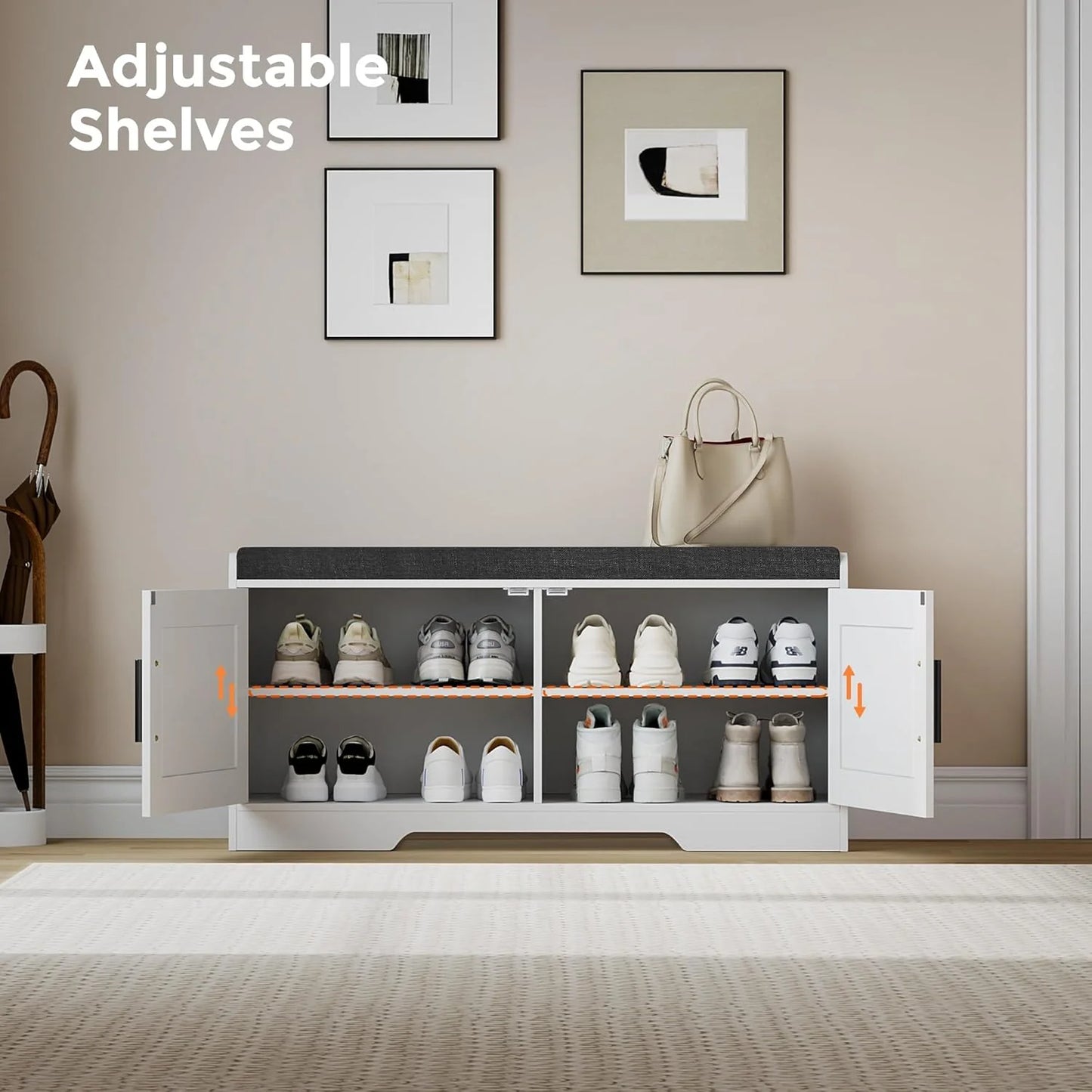 2-Tier Storage Bench, Shoe Bench with Thickened Padded Seat Cushion, Entryway Bench with 4 Doors, Adjustable Shelf