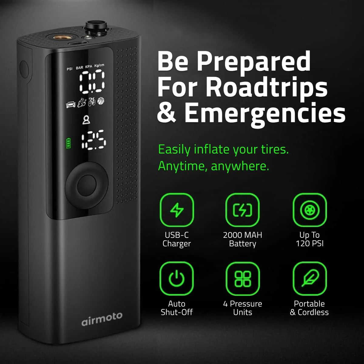 Airmoto Tire Inflator Portable Air Compressor Car Tire Air Pump with Digital Pressure Gauge, LED Light and Auto Shutoff