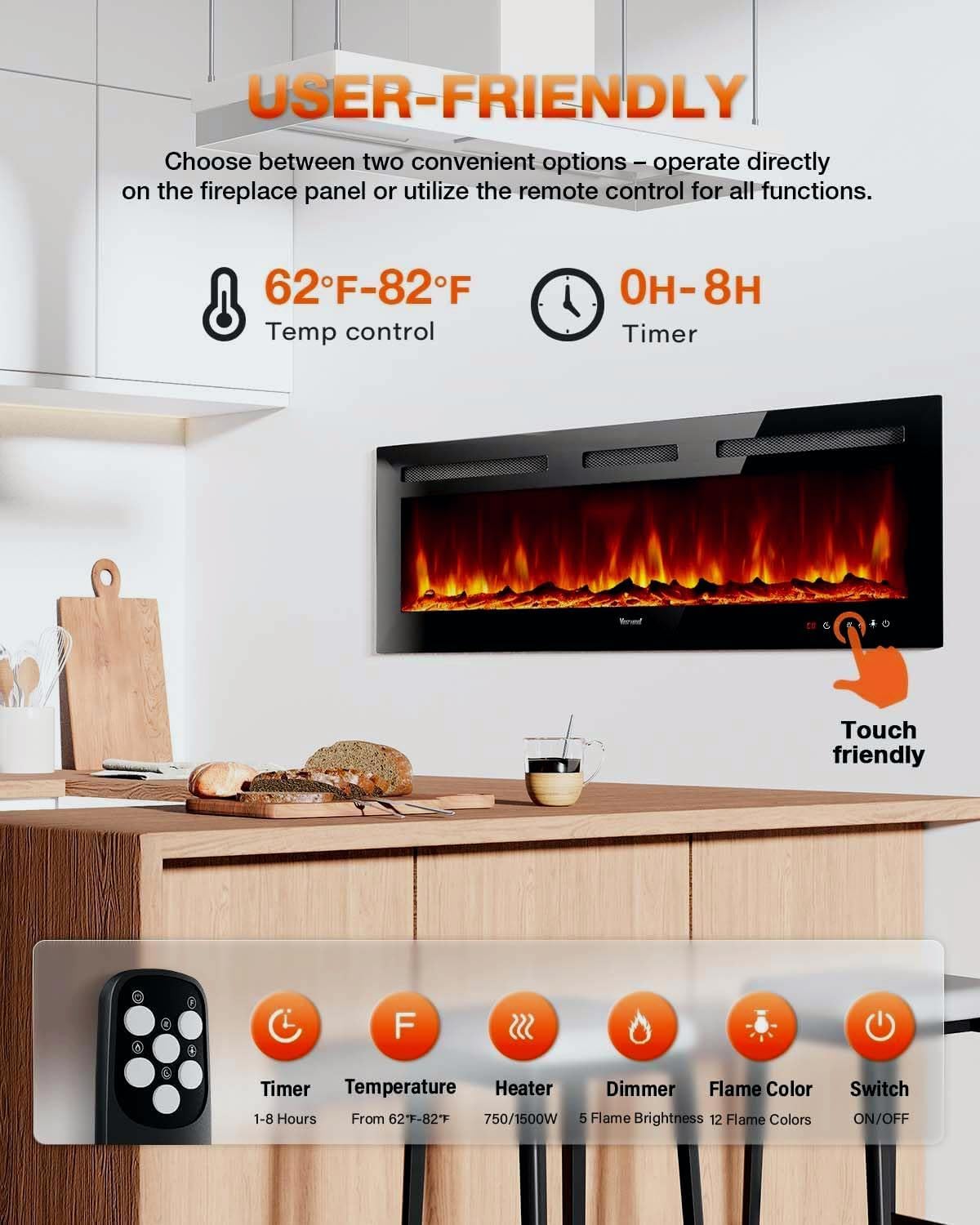 Electric Fireplace 60Inch,Wall Mounted Electric Fireplace Heater with Timer Inserts，TV Stand Touch Screen and Realistic Flame,Log Set,Crystal Flames 750 to 1500W，Remote for Living Room
