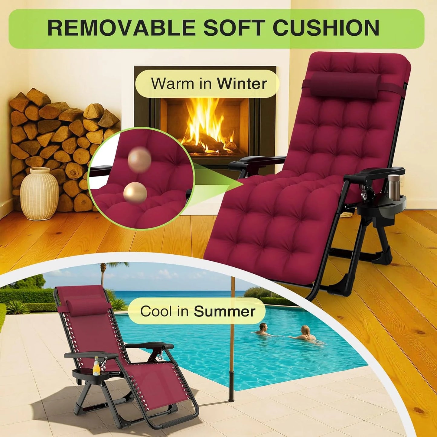 Indoor and outdoor patio chair folding lounge chair zero gravity chair with removable cushion camping lounge chair