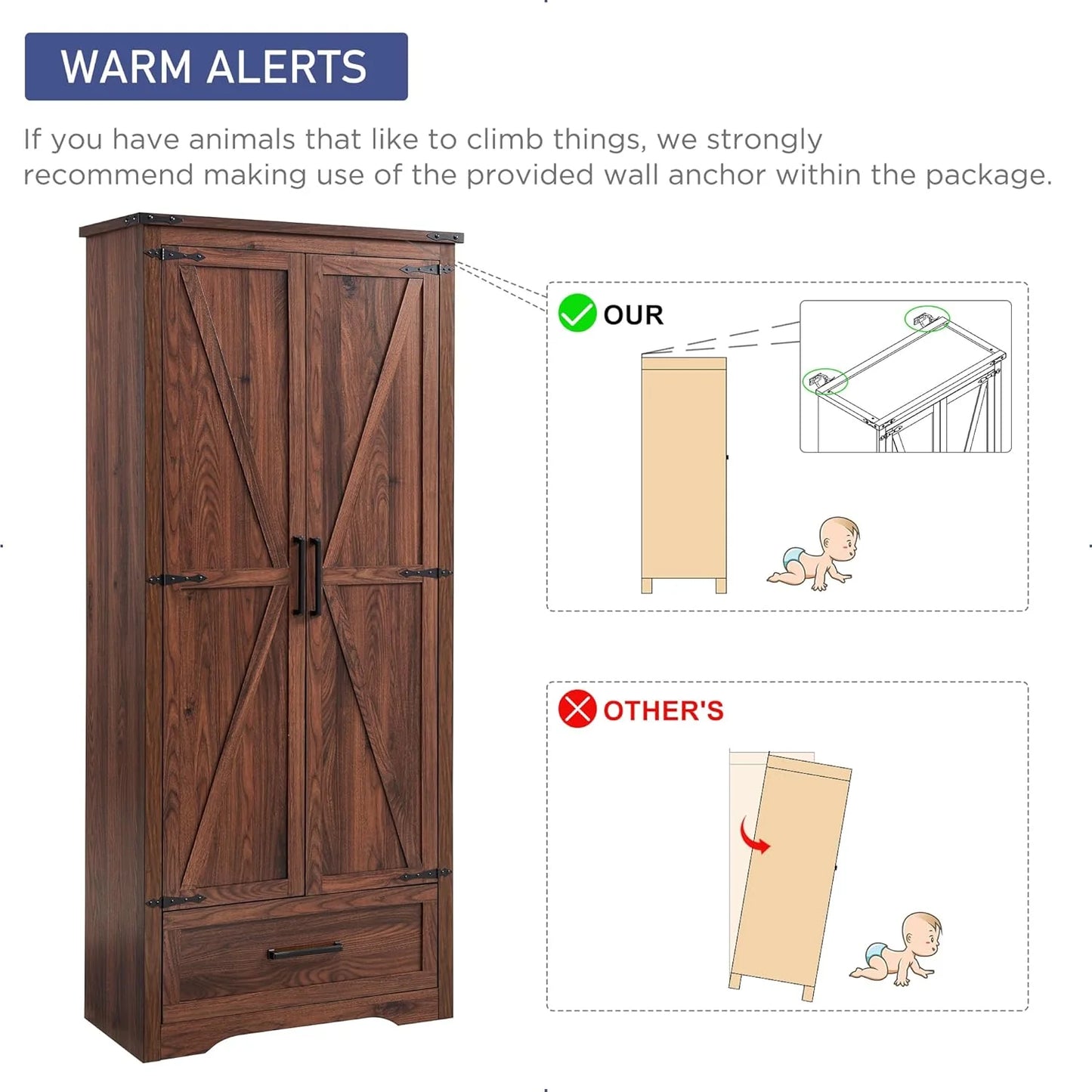 JXQTLINGMU Farmhouse Kitchen Pantry - 72" Tall Wood Kitchen Storage Cabinet with Adjustable Shelves and 2 Barn-Style Doors and Drawers