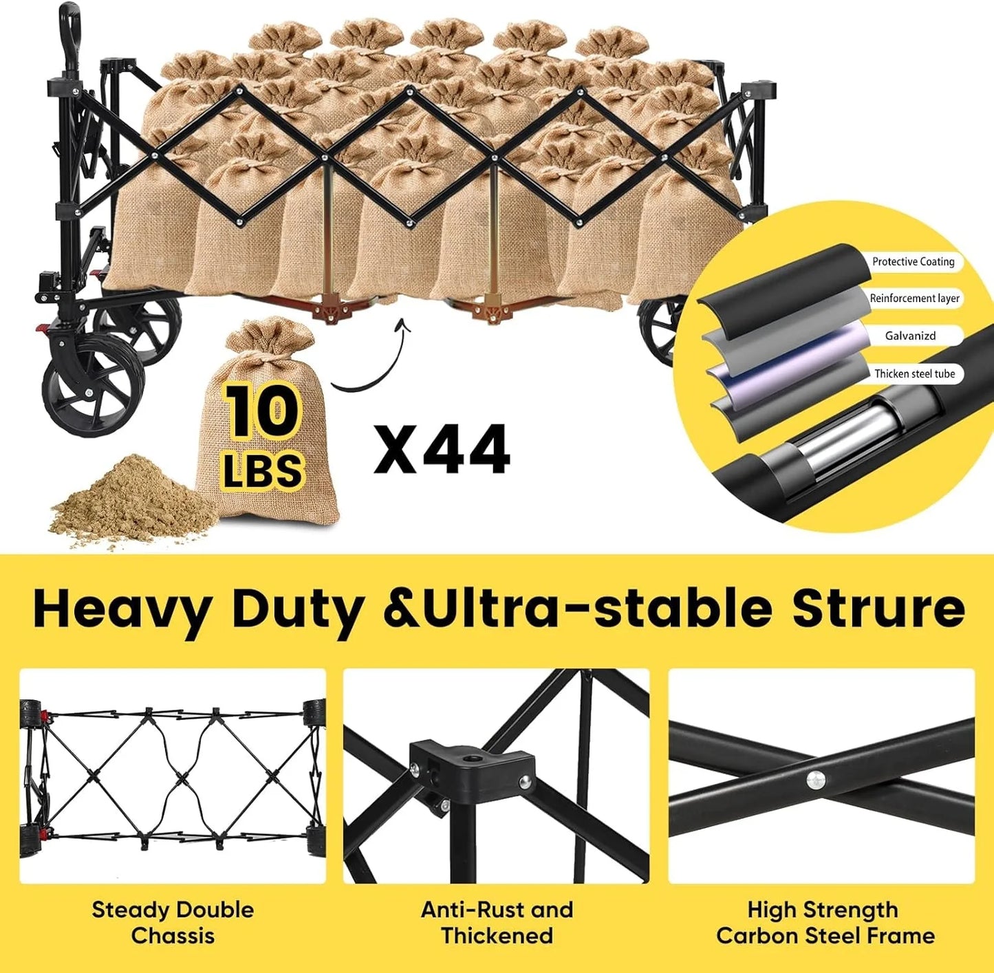 Sekey 48 Inch Long Foldable Extended Travel Cart, 440 Lbs Load Capacity, Heavy Duty 300 Liter Folding Multi-Purpose Garden Cart