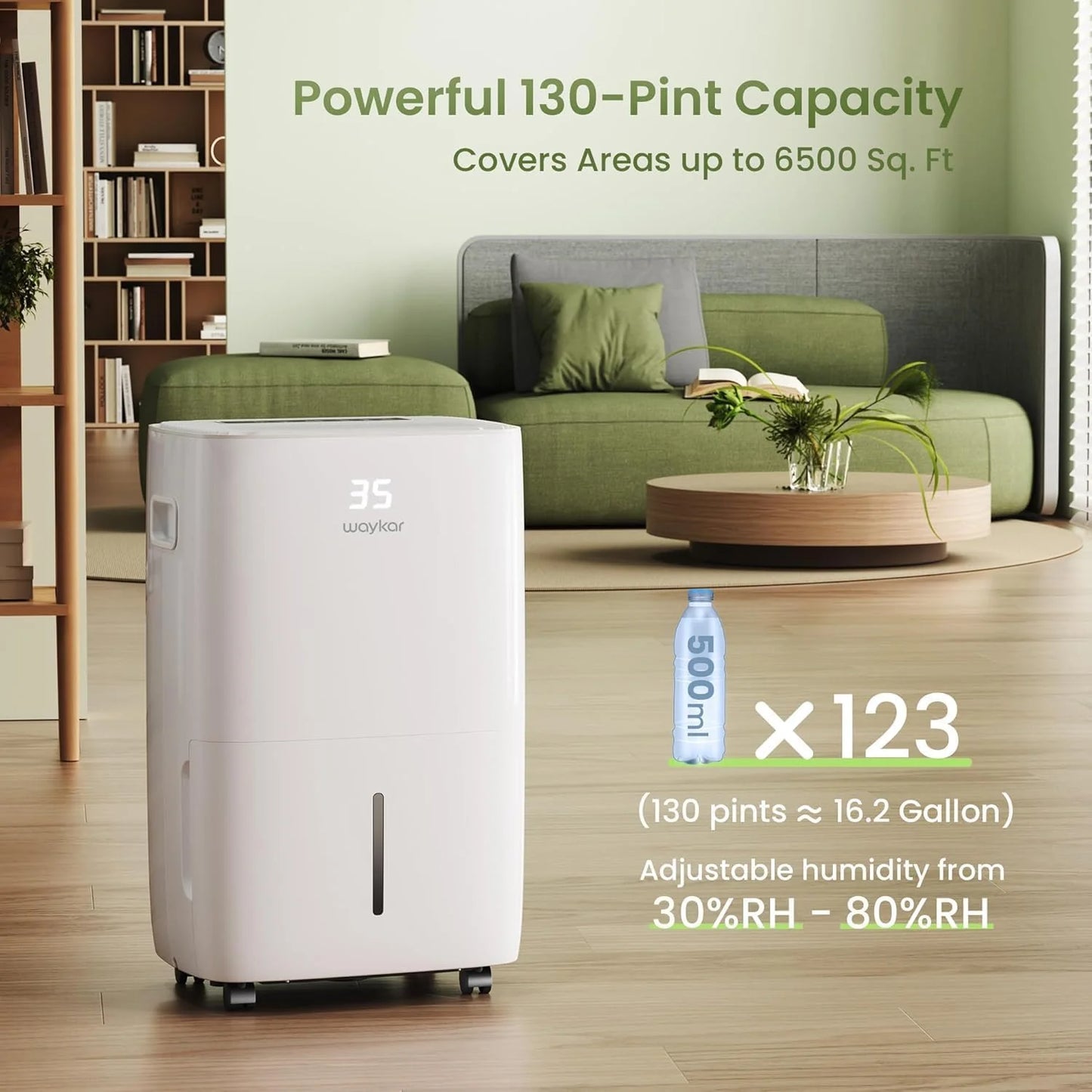 Waykar 2000 Sq. Ft Dehumidifier for Home and Basements, with Auto or Manual Drainage, 0.66 Gallon Water Tank Capacity