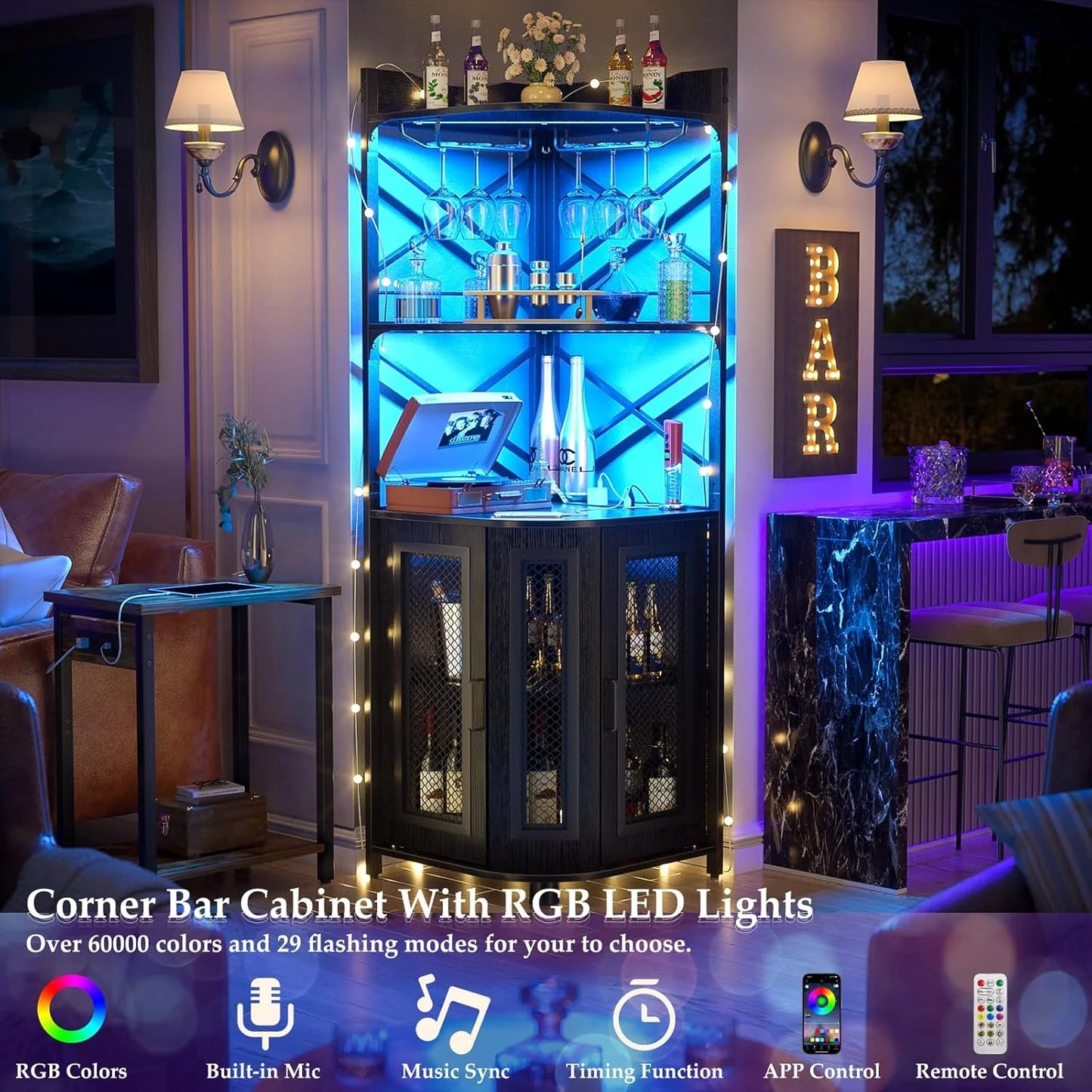 Corner bar cabinet with power socket, industrial style wine cabinet with LED light strip and glass rack, home five-layer wine cabinet bar unit, small space corner display cabinet