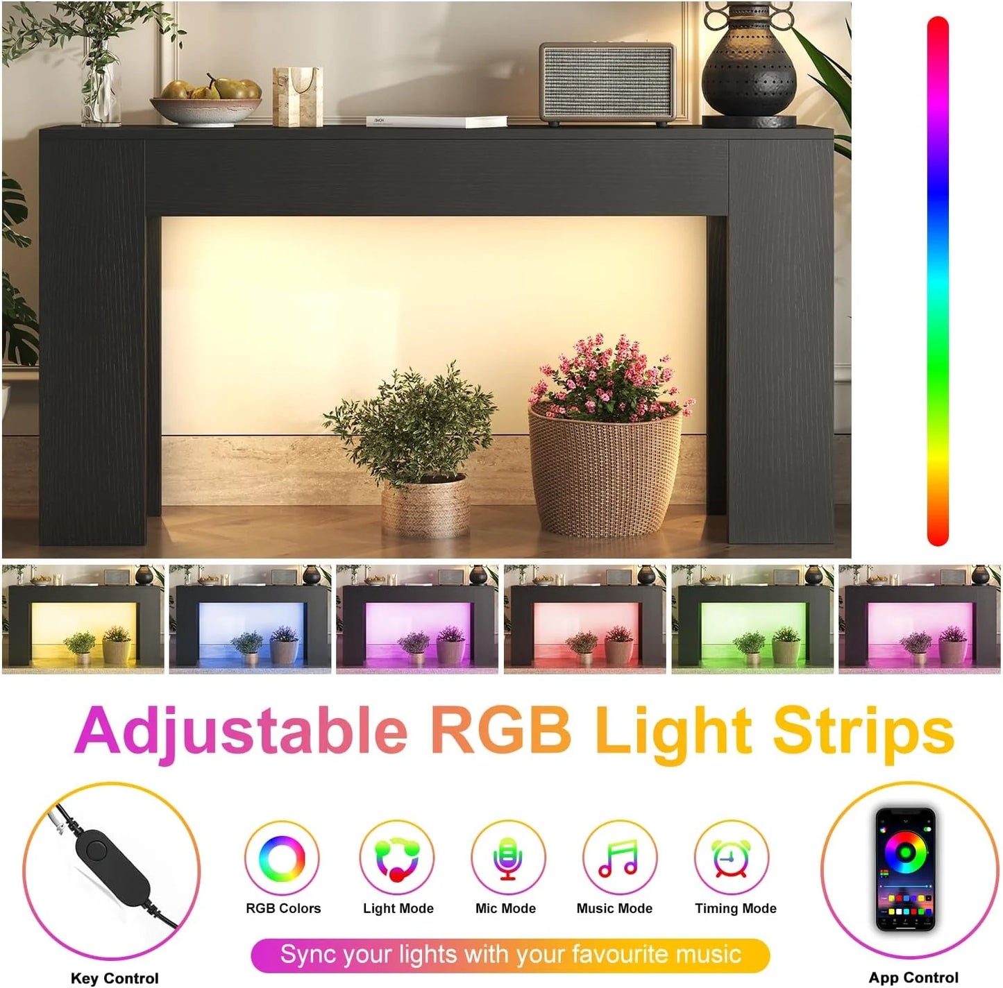 63-Inch Long Console Table with LED Light Farmhouse Sofa Table Behind Couch