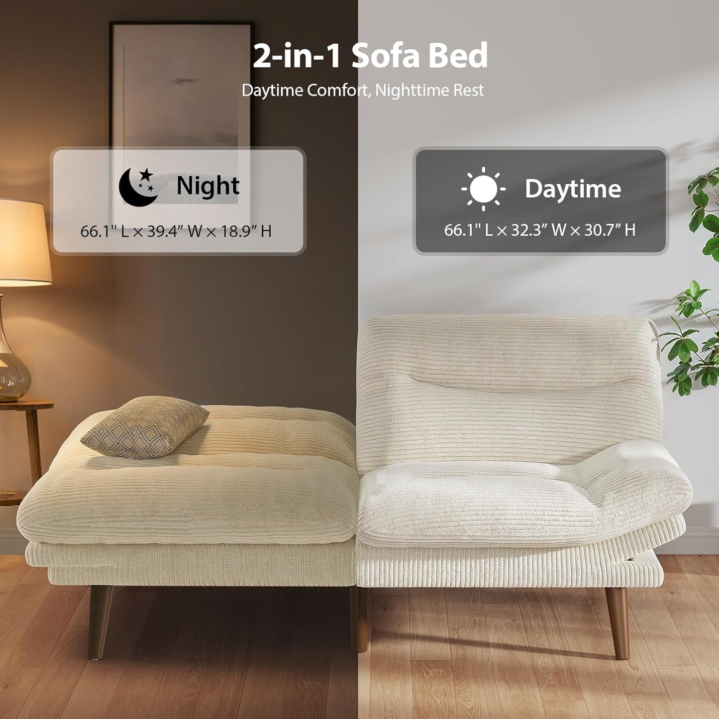 Convertible Futon Sofa Bed, 66 Inch Corduroy Futon Sofa Recliner Sofa Bed for Small Spaces, Playrooms or Offices