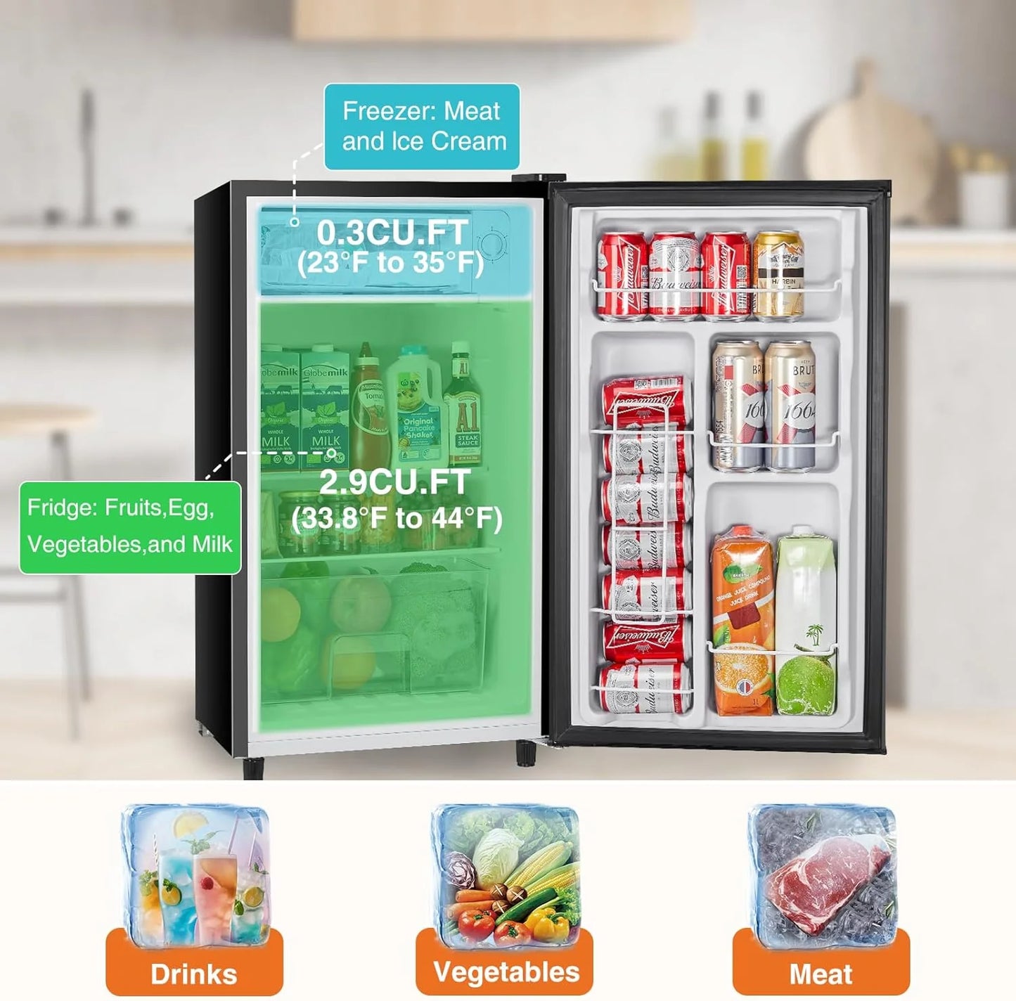 Sweetcrispy 3.2 Cu.Ft Mini Fridge with Freezer Small Refrigerator Single Door Adjustable Thermostat Energy-efficient Low Noise, Compact Fridge for Bedroom, Office, Dorm (Black)