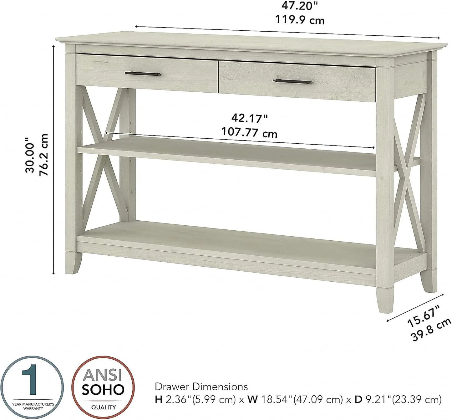Key West Console Table with Drawers and Shelves in Linen White Oak