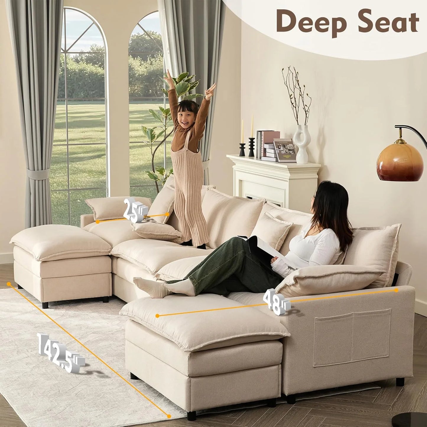 108 Inch U Shape Sofa, Sectional Sofa, Comfortable Cloud Sofa with Removable Footstool, Living Room Deep Seat Sofa, Linen, Beige