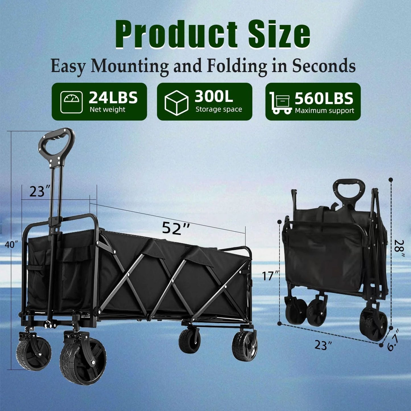 Foldable 4-wheel cart, foldable, 37 inches long, 480 lb capacity, heavy-duty beach cart, shopping cart with wheels