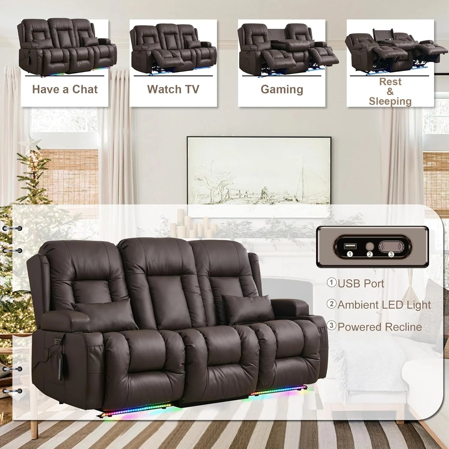 TUNYI Power Loveseat Recliner Sofa with Massage & Heat Home Theater Seating with Console Electric Recliner RV Sofa with USB/Outlet/Storage/Side Pocket/LED Light/Speaker (Brown, Loveseat)