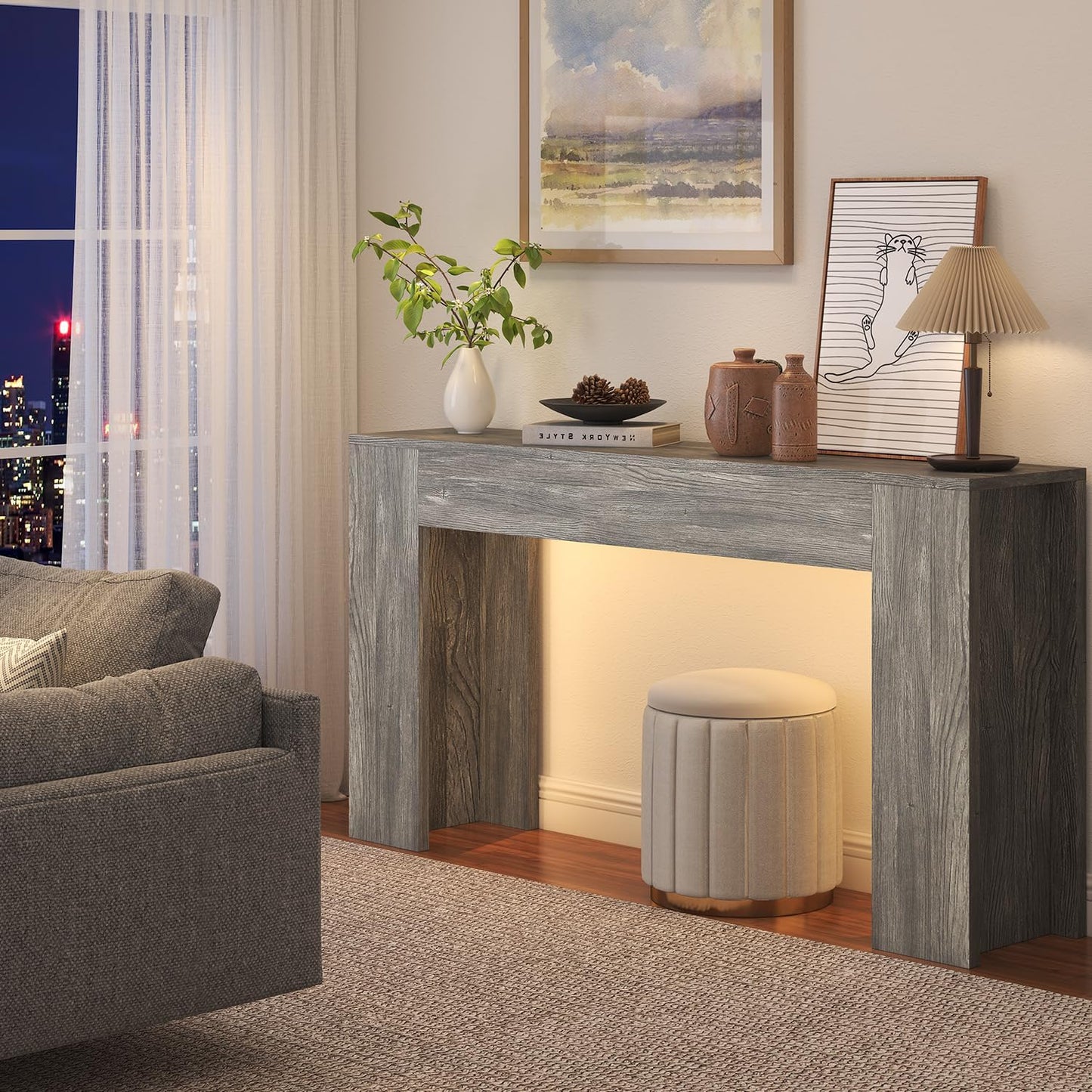 63-Inch Long Console Table with LED Light Farmhouse Sofa Table Behind Couch