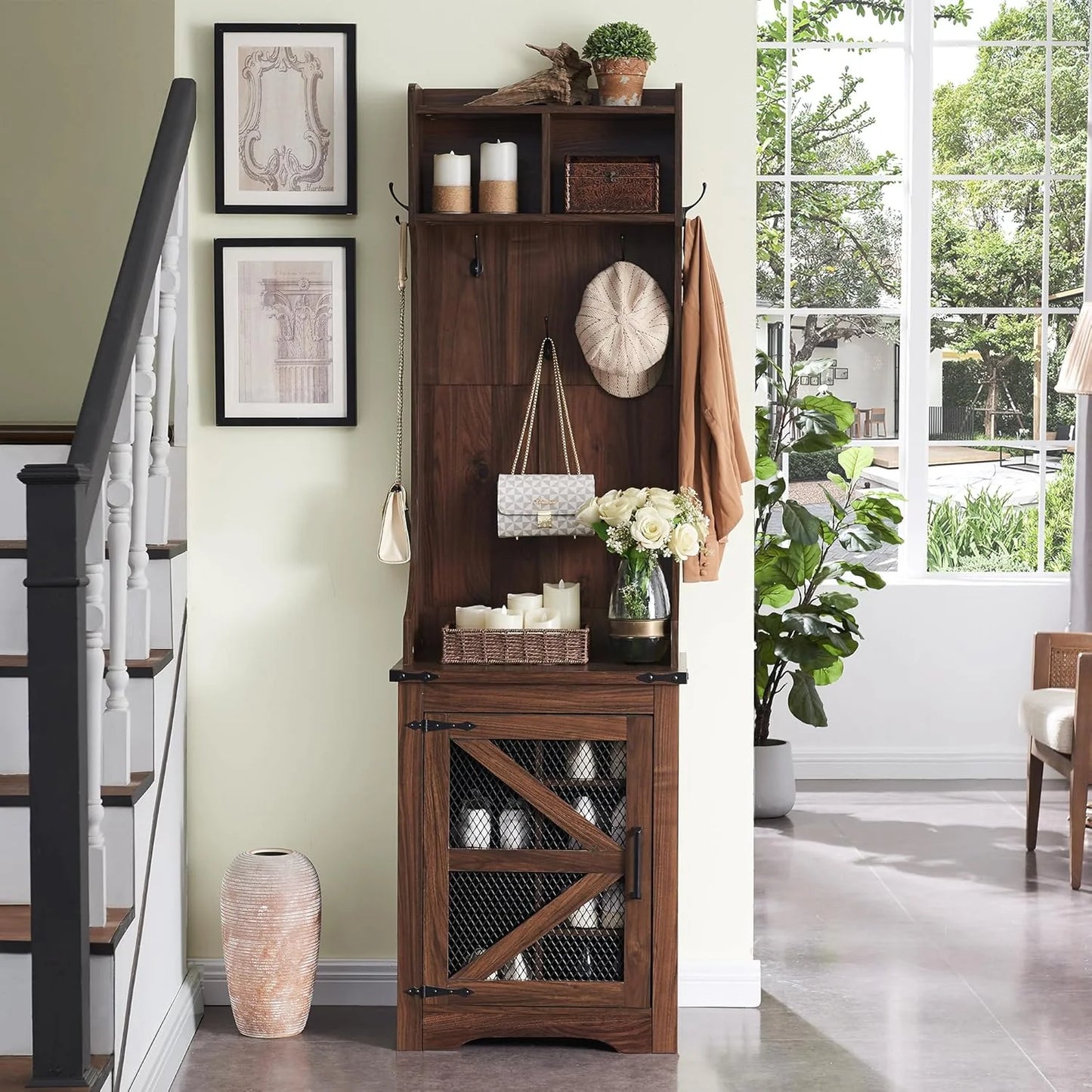 JXQTLINGMU 59-inch Farmhouse Foyer Tree with Shoe Storage, Entryway Bench Foyer Coat Rack Cabinet