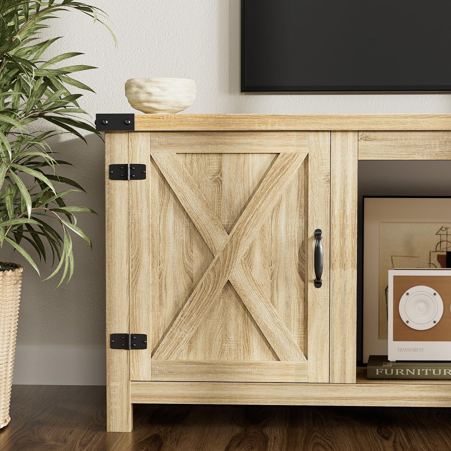 YESHOMY Fireplace TV Stand with Two Barn Doors and Storage Cabinets for Televisions up to 65+ Inch, Entertainment Center Console Table, Media Furniture for Living Room, 58 Inch