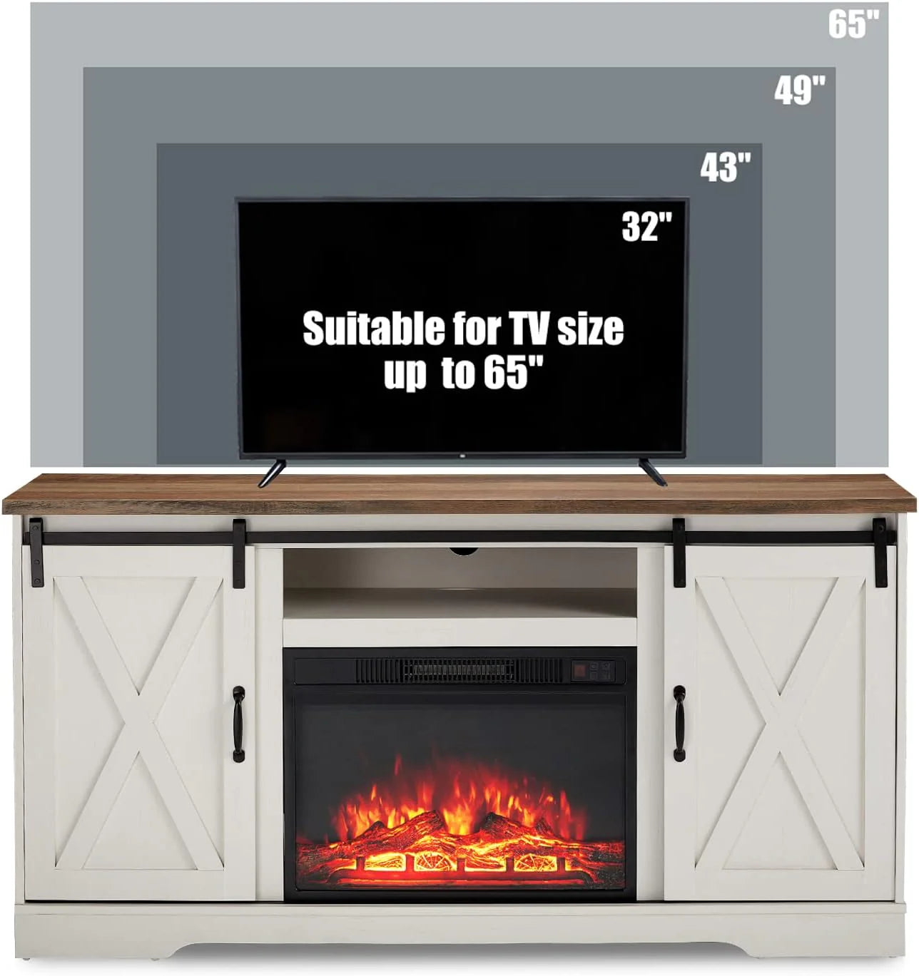 AMERLIFE Fireplace TV Stand with Sliding Barn Door for TVs up to 73", Farmhouse 63" Fireplace Entertainment Center with Storage Cabinets/Adjustable Shelves