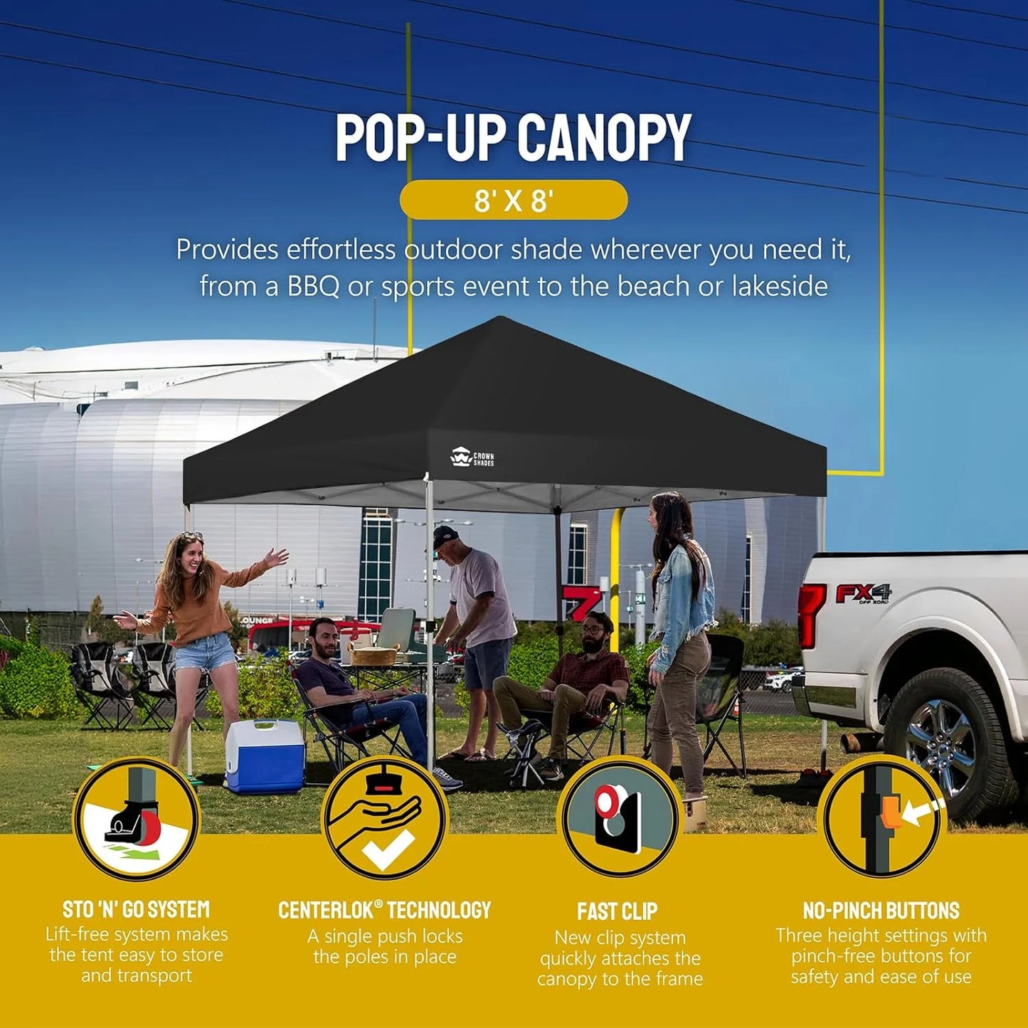 10x10 Pop-Up Awning - One-Click Installation Beach Tent - Outdoor Sunshade Silver Coated Top, 3 Heights and 4 Sand Pockets