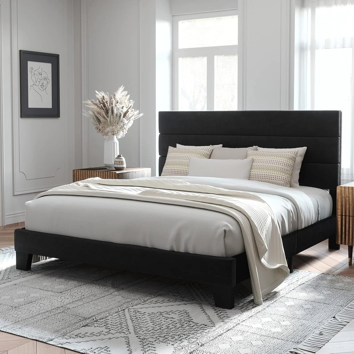 Allewie Queen Size Platform Bed Frame with Fabric Upholstered Headboard and Wooden Slats Support, Fully Upholstered Mattress Foundation/No Box Spring Needed