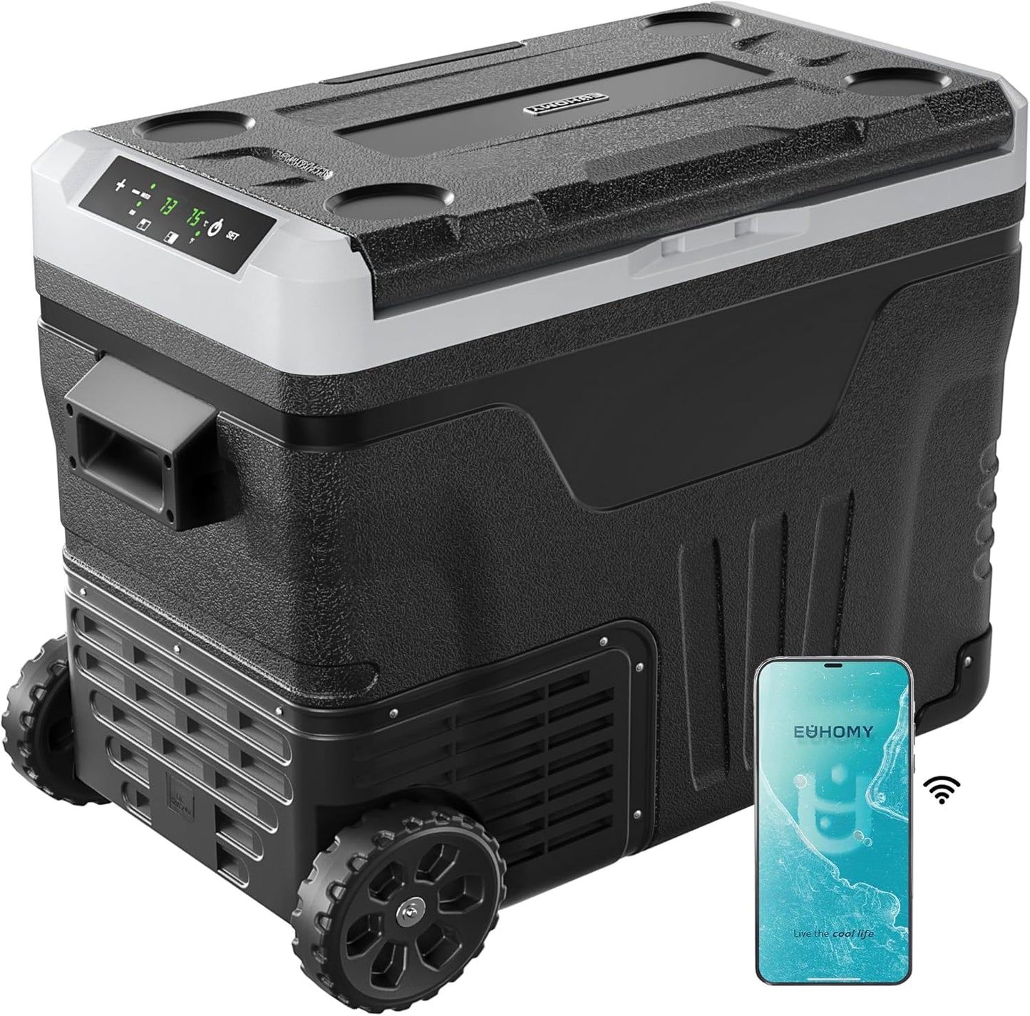 EUHOMY 12 Volt Refrigerator, 53QT(50L) Electric Cooler, Portable Freezer 12V/24V DC 110-240V AC, 12V Fridge -4℉~68℉, 12V Cooler with Wheels & 2 Baskets for Travel, Truck, Boat, Camping