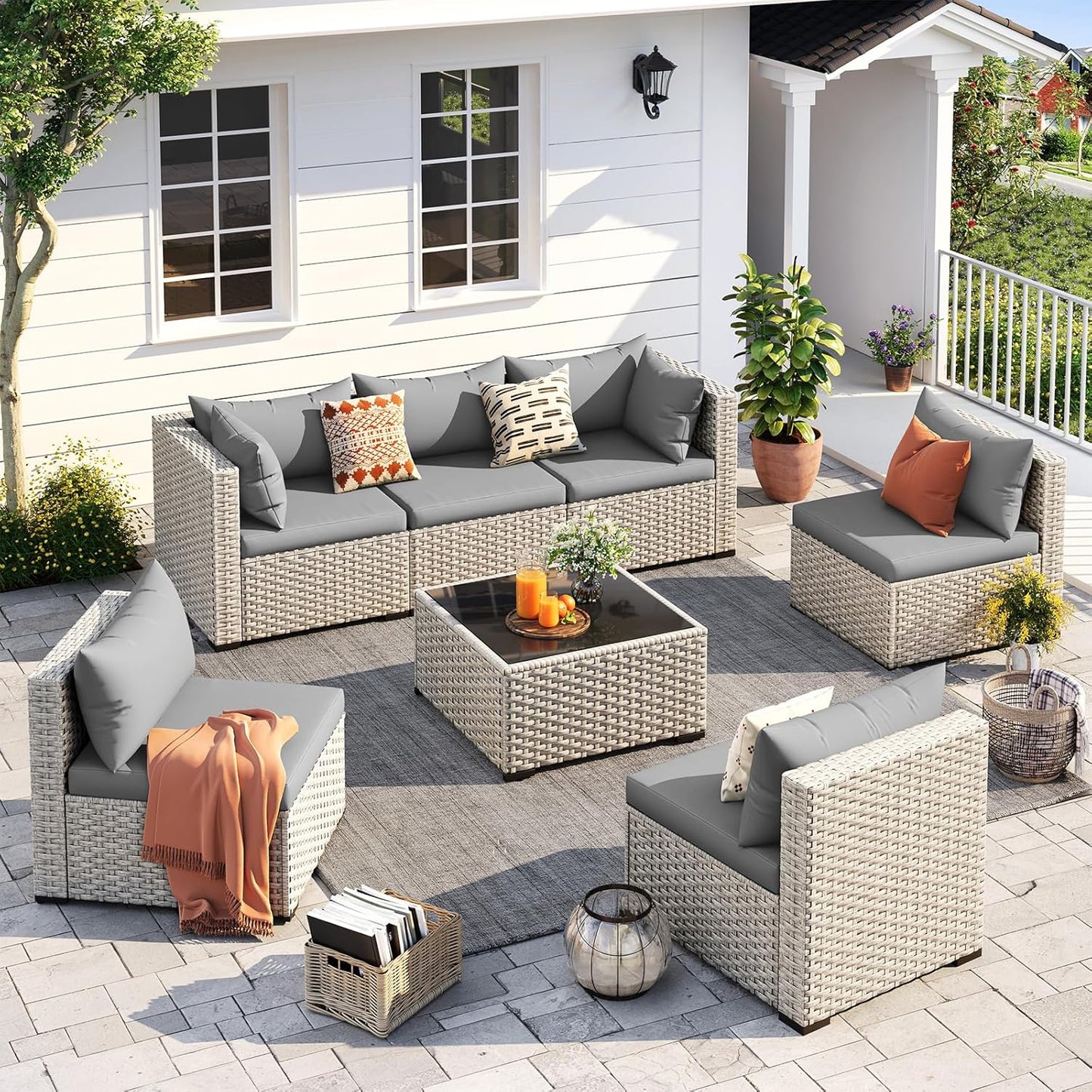 UDPATIO Outdoor Patio Furniture Set, 7-Piece PE Wicker Sectional Sofa with Tea Table, Outdoor Conversation Set