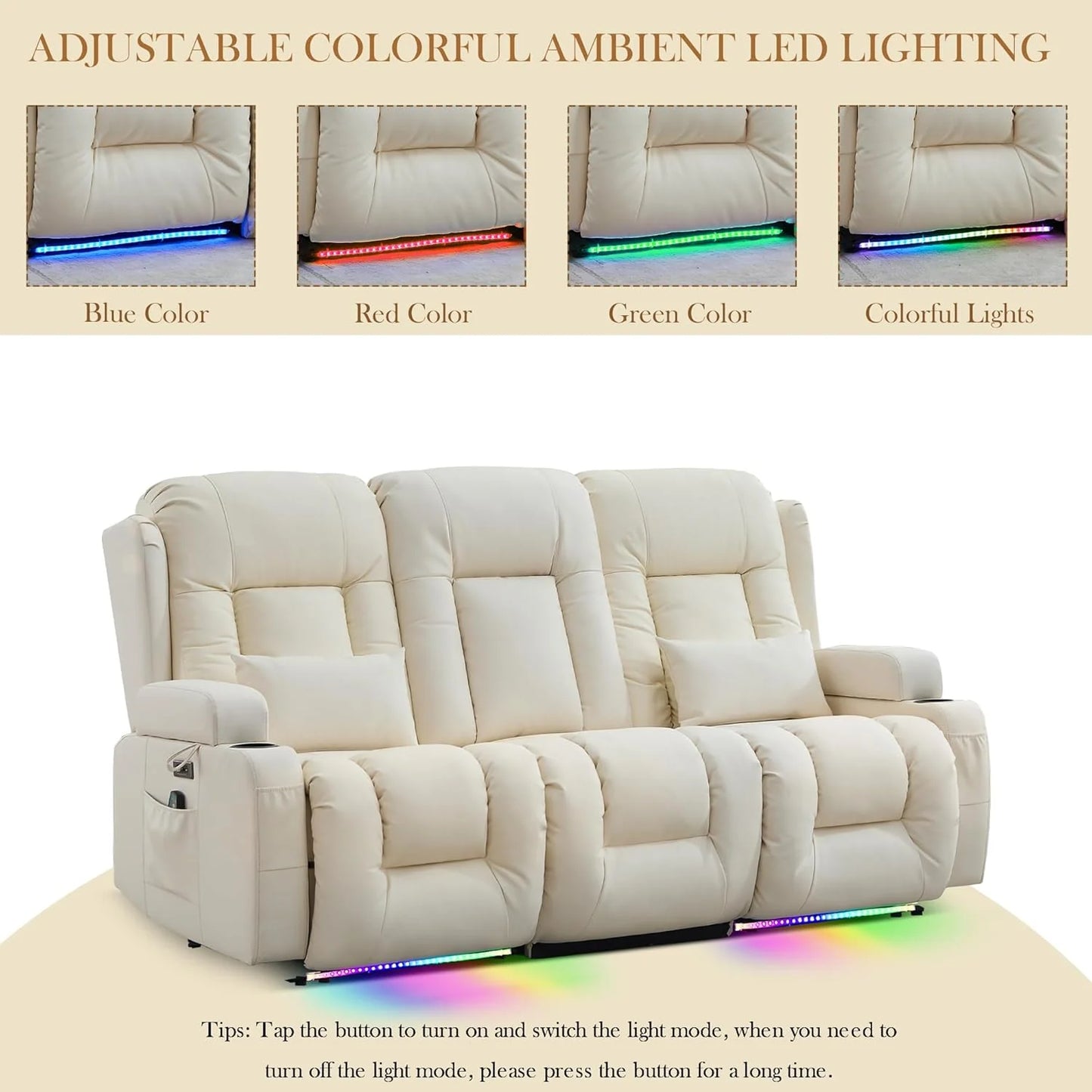 TUNYI Power Loveseat Recliner Sofa with Massage & Heat Home Theater Seating with Console Electric Recliner RV Sofa with USB/Outlet/Storage/Side Pocket/LED Light/Speaker (Brown, Loveseat)