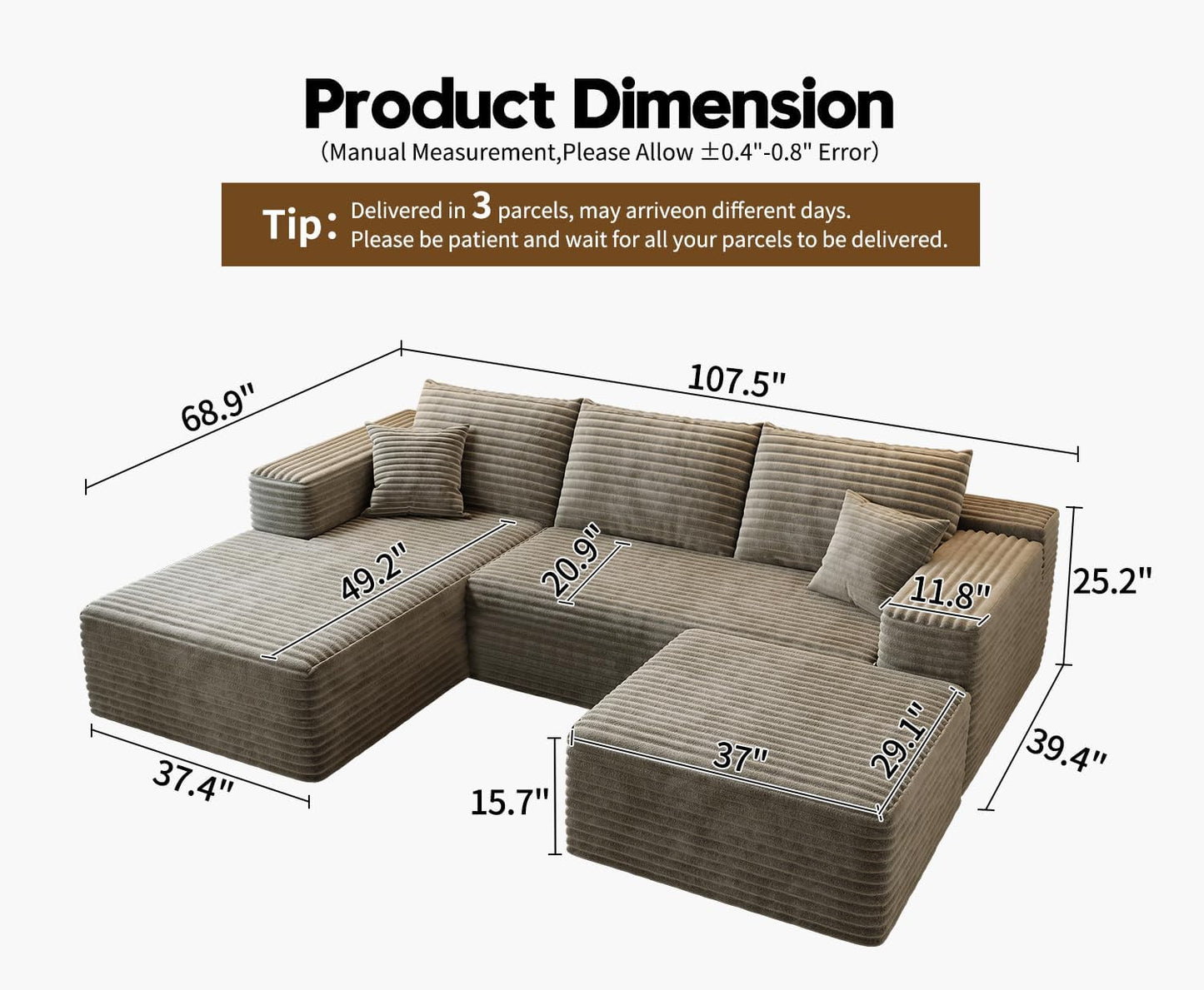 107.5 inch Cloud Modular Sectional Sofa with L-Shaped Chaise Lounge, Modern Minimalist Upholstered Sofa Deep Seating Corner Sofa