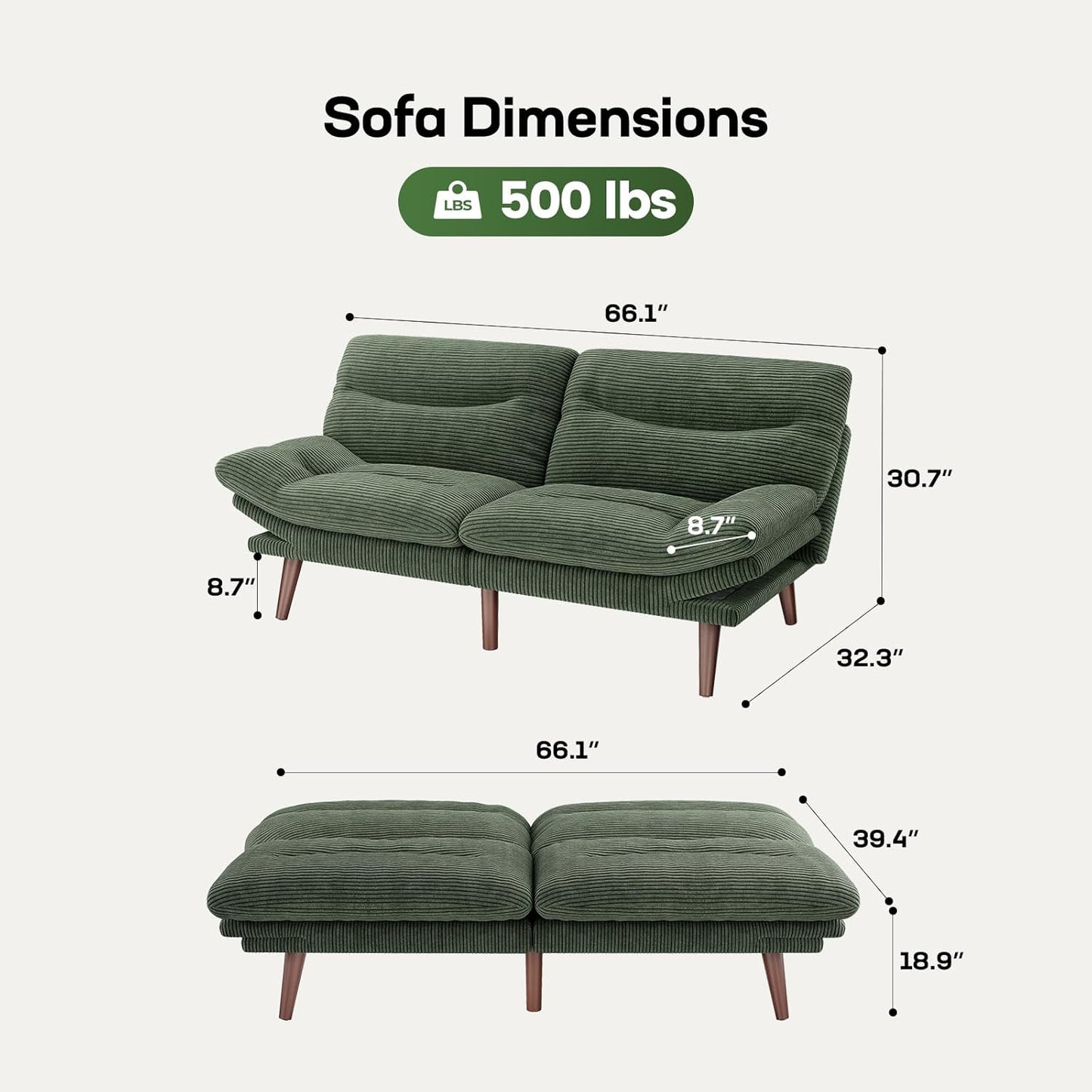 Futon Sofa Bed, Futon Sofa with Adjustable Back and Armrests, Converts to Small Sleeper Sofa Bed Corduroy Loveseat Green