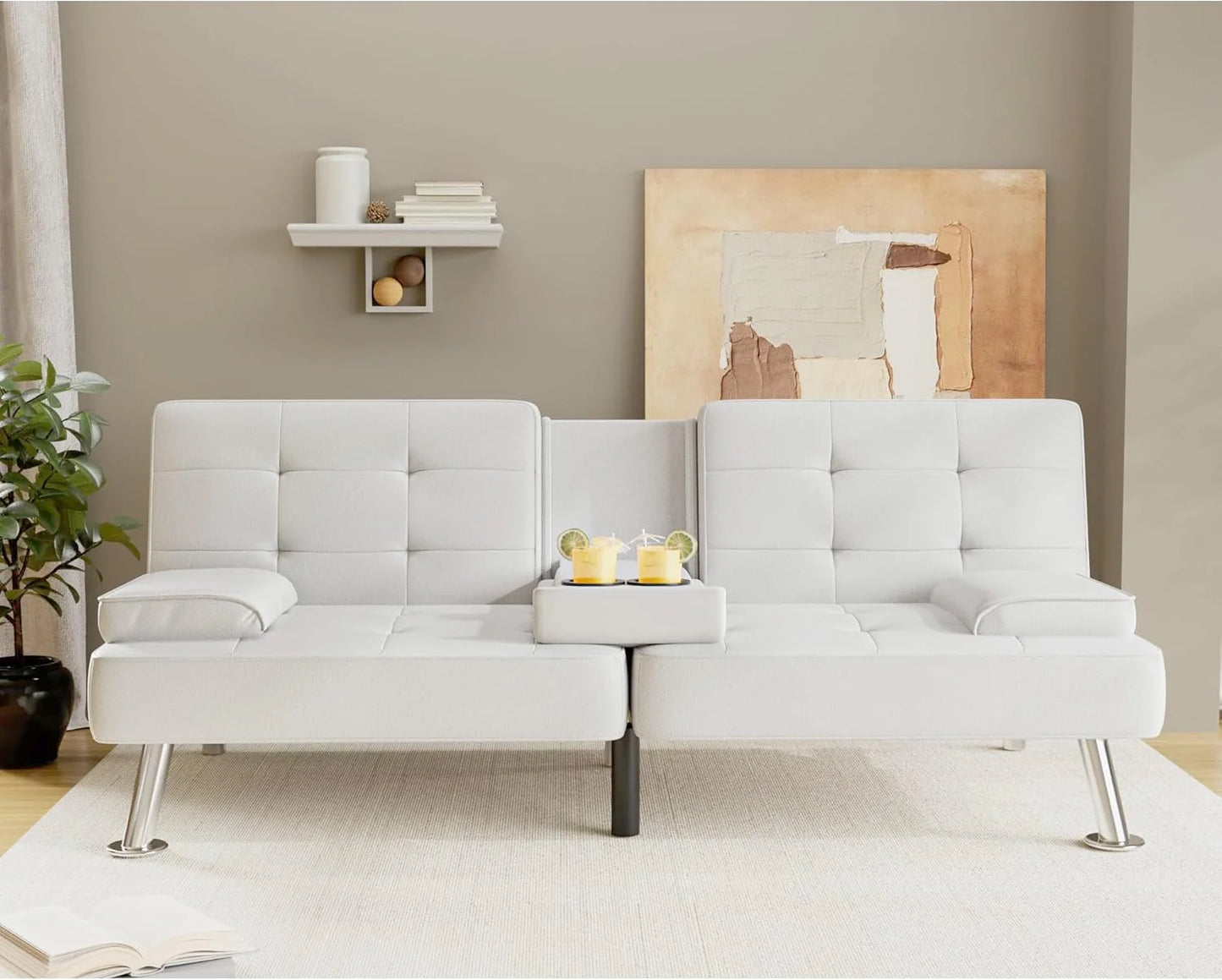 Flamaker Futon Sofa Bed Modern Folding Futon Set Convertible Recliner Lounge for Living Room with 2 Cup Holders, Removable Armrests (PU Leather, Black)