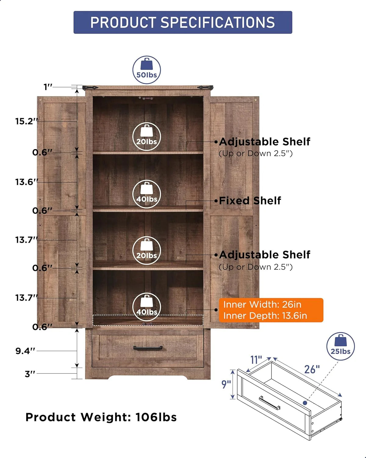 JXQTLINGMU Farmhouse Kitchen Pantry - 72" Tall Wood Kitchen Storage Cabinet with Adjustable Shelves and 2 Barn-Style Doors and Drawers